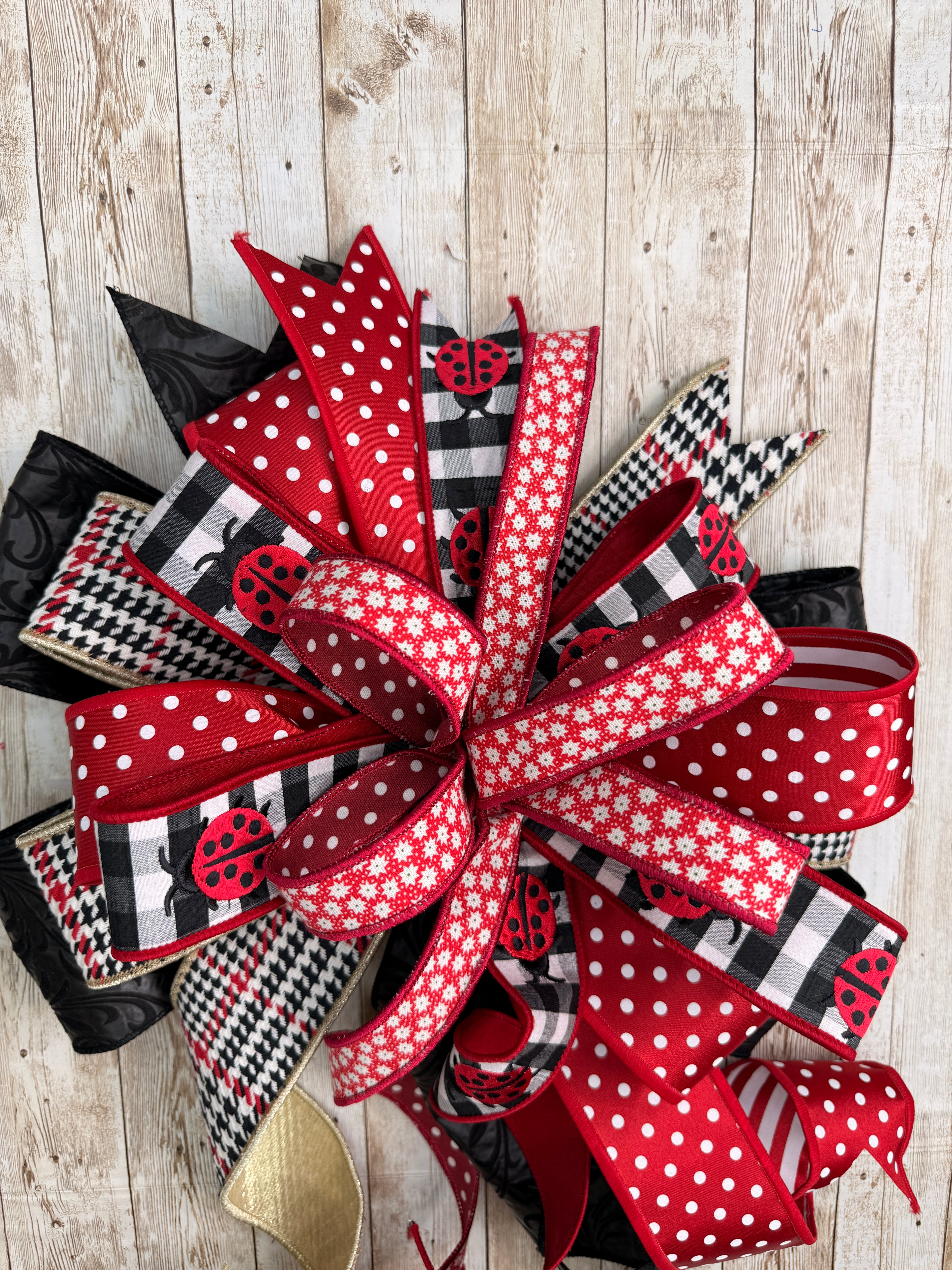Large Ladybug Wreath Bow, Red and Black Polka Dot Lantern Bow, Farmhouse Buffalo Plaid Summer Decor, Large Spring Front Door Bow, Ladybug Garden Swag