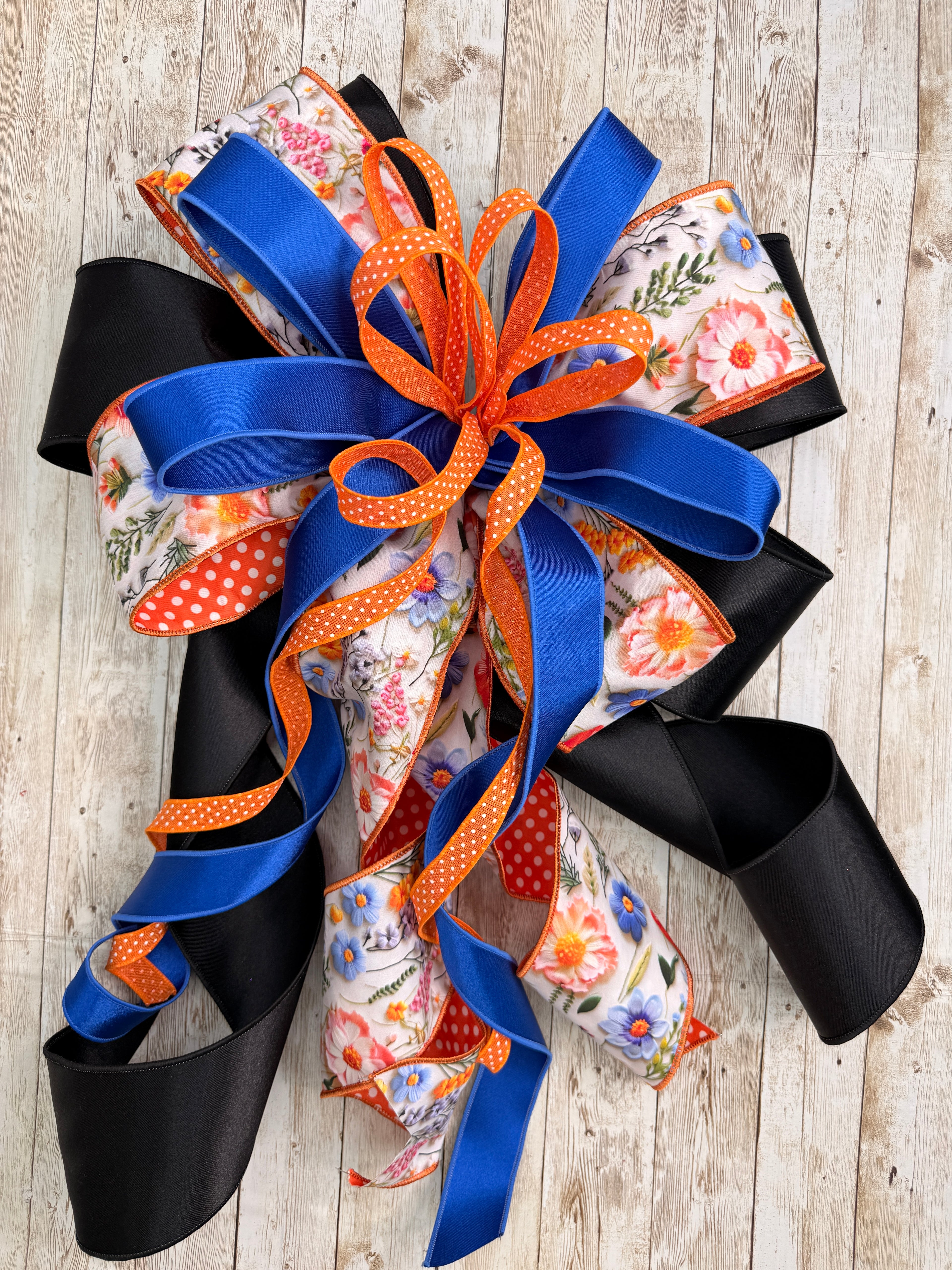 Large Spring Wreath Bow, Floral and Polka Dot Lantern Bow, Blue and Orange Summer Front Door Decor, Large Multi-Layered Designer Ribbon Bow