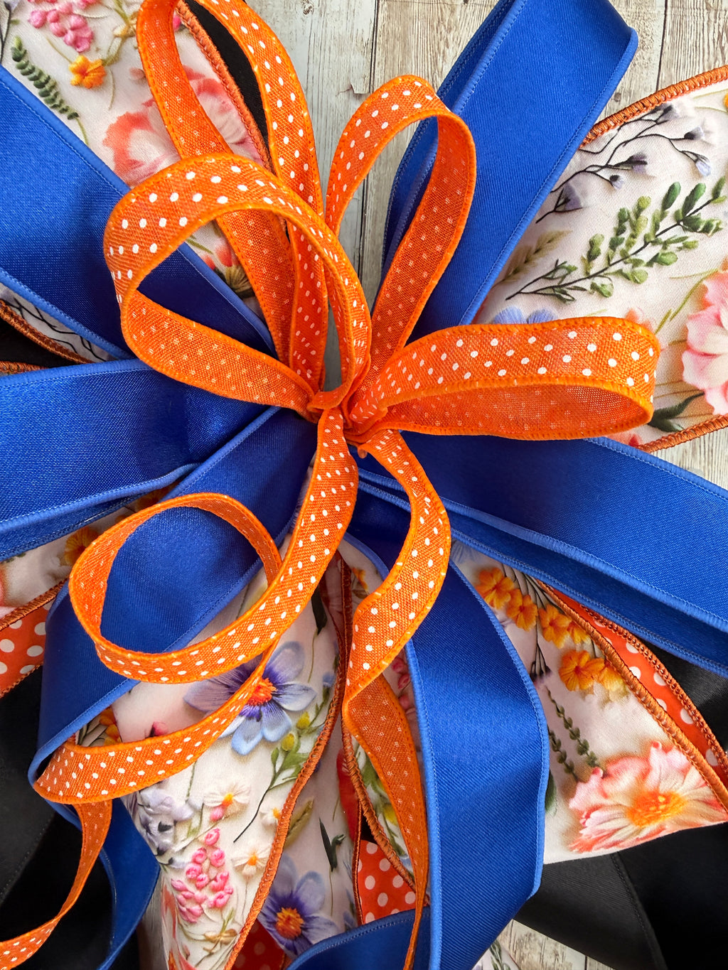 Large Spring Wreath Bow, Floral and Polka Dot Lantern Bow, Blue and Orange Summer Front Door Decor, Large Multi-Layered Designer Ribbon Bow