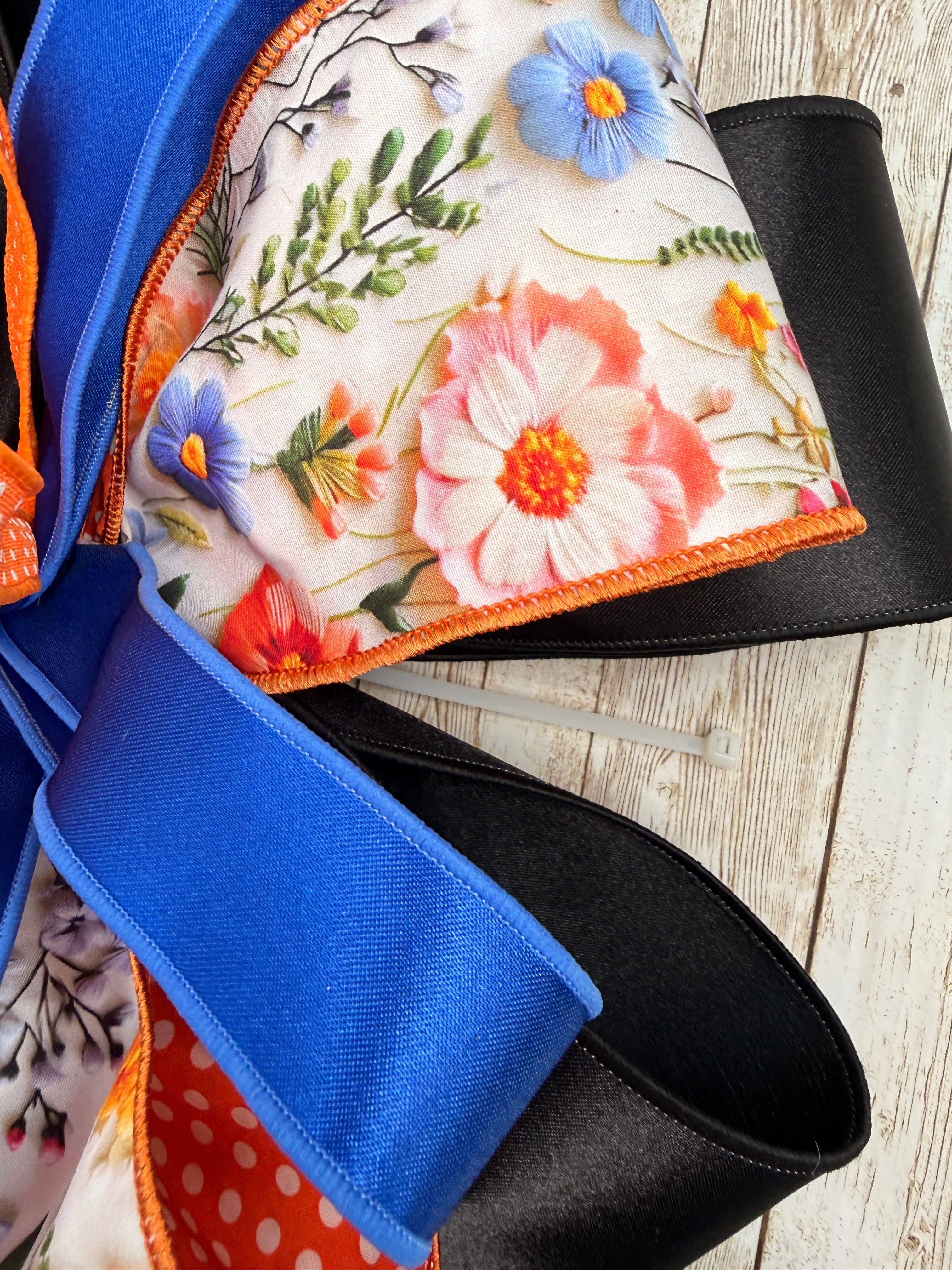 Large Spring Wreath Bow, Floral and Polka Dot Lantern Bow, Blue and Orange Summer Front Door Decor, Large Multi-Layered Designer Ribbon Bow