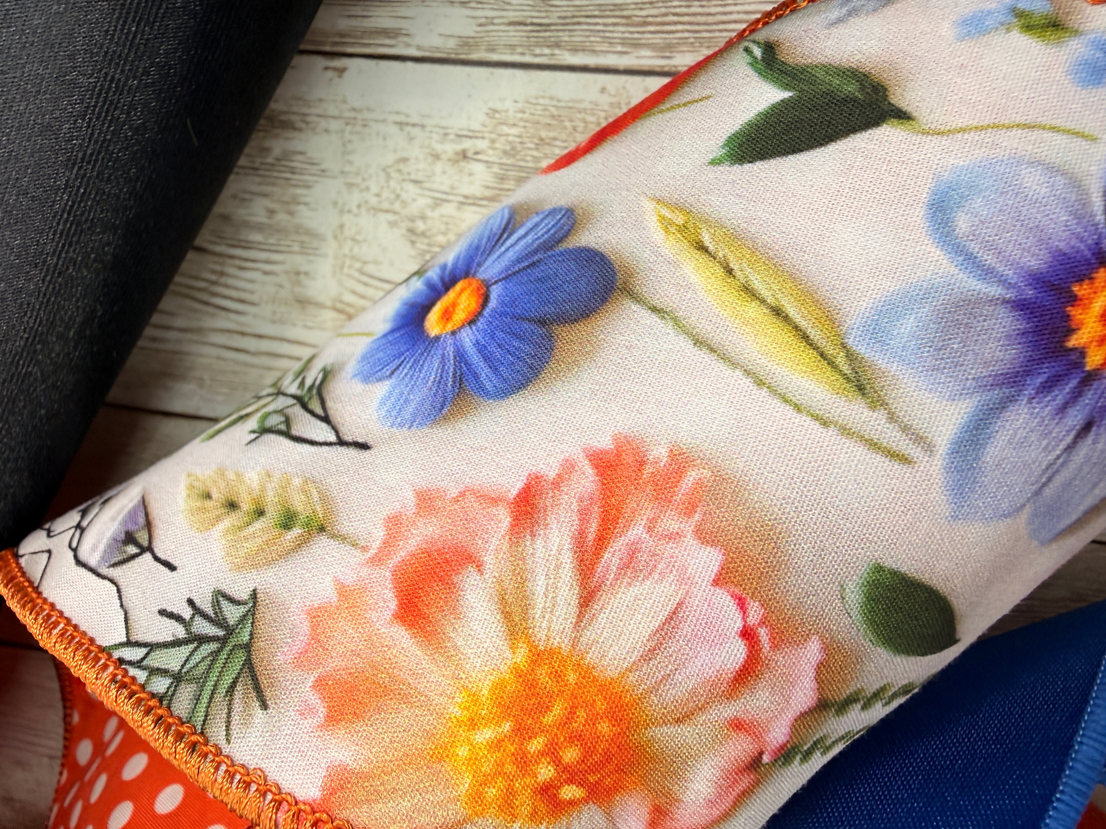 Large Spring Wreath Bow, Floral and Polka Dot Lantern Bow, Blue and Orange Summer Front Door Decor, Large Multi-Layered Designer Ribbon Bow