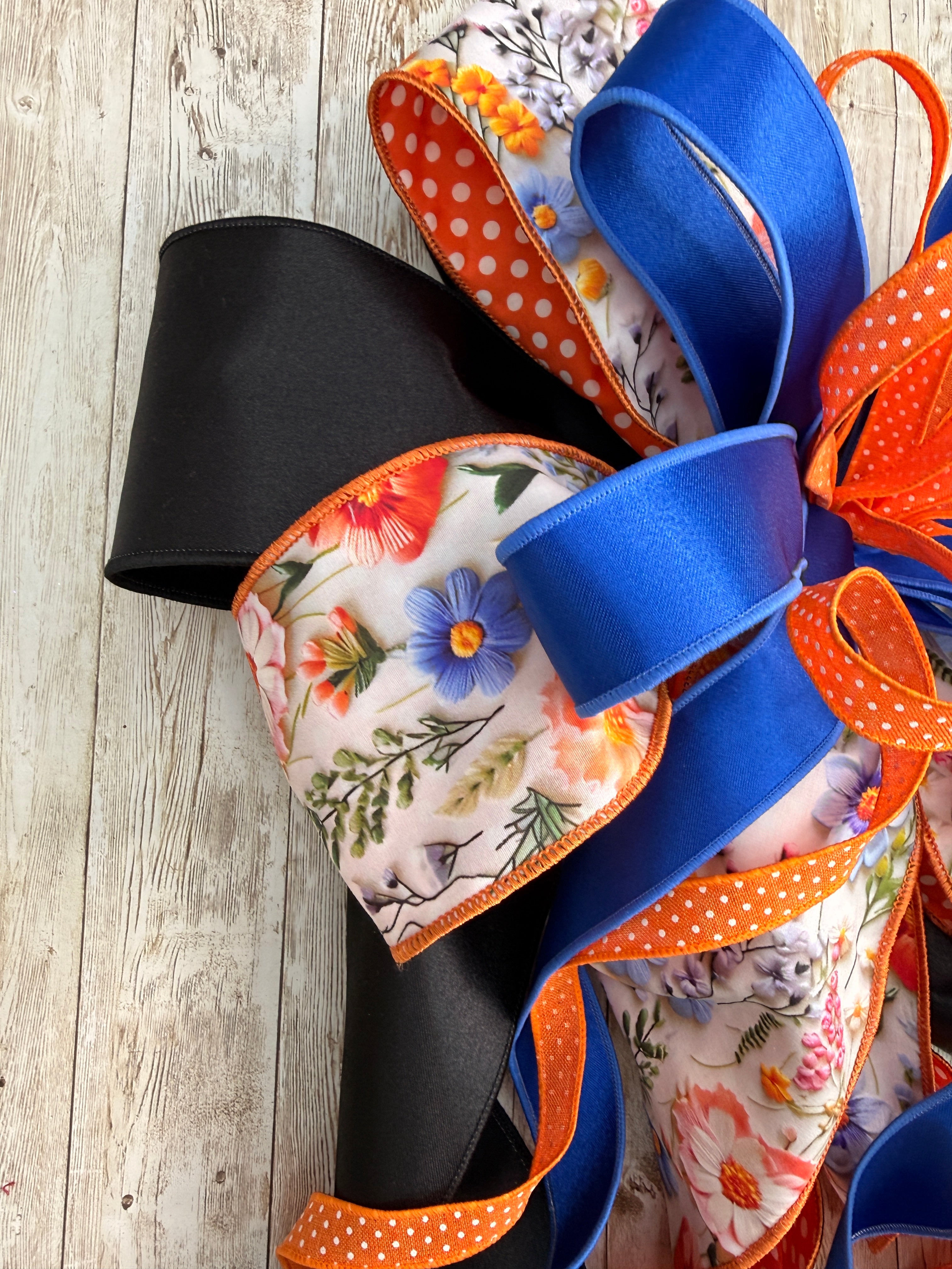 Large Spring Wreath Bow, Floral and Polka Dot Lantern Bow, Blue and Orange Summer Front Door Decor, Large Multi-Layered Designer Ribbon Bow