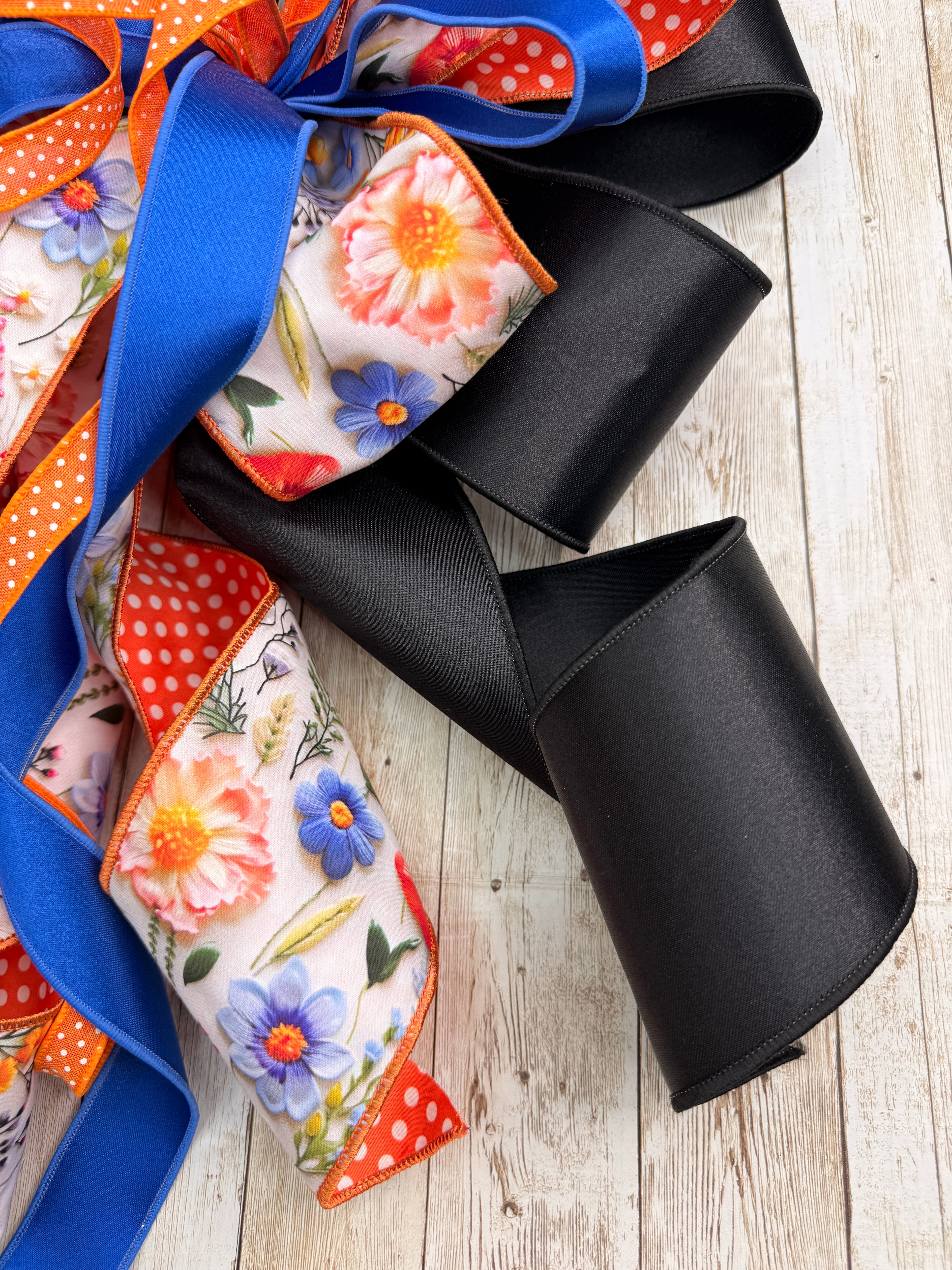 Large Spring Wreath Bow, Floral and Polka Dot Lantern Bow, Blue and Orange Summer Front Door Decor, Large Multi-Layered Designer Ribbon Bow