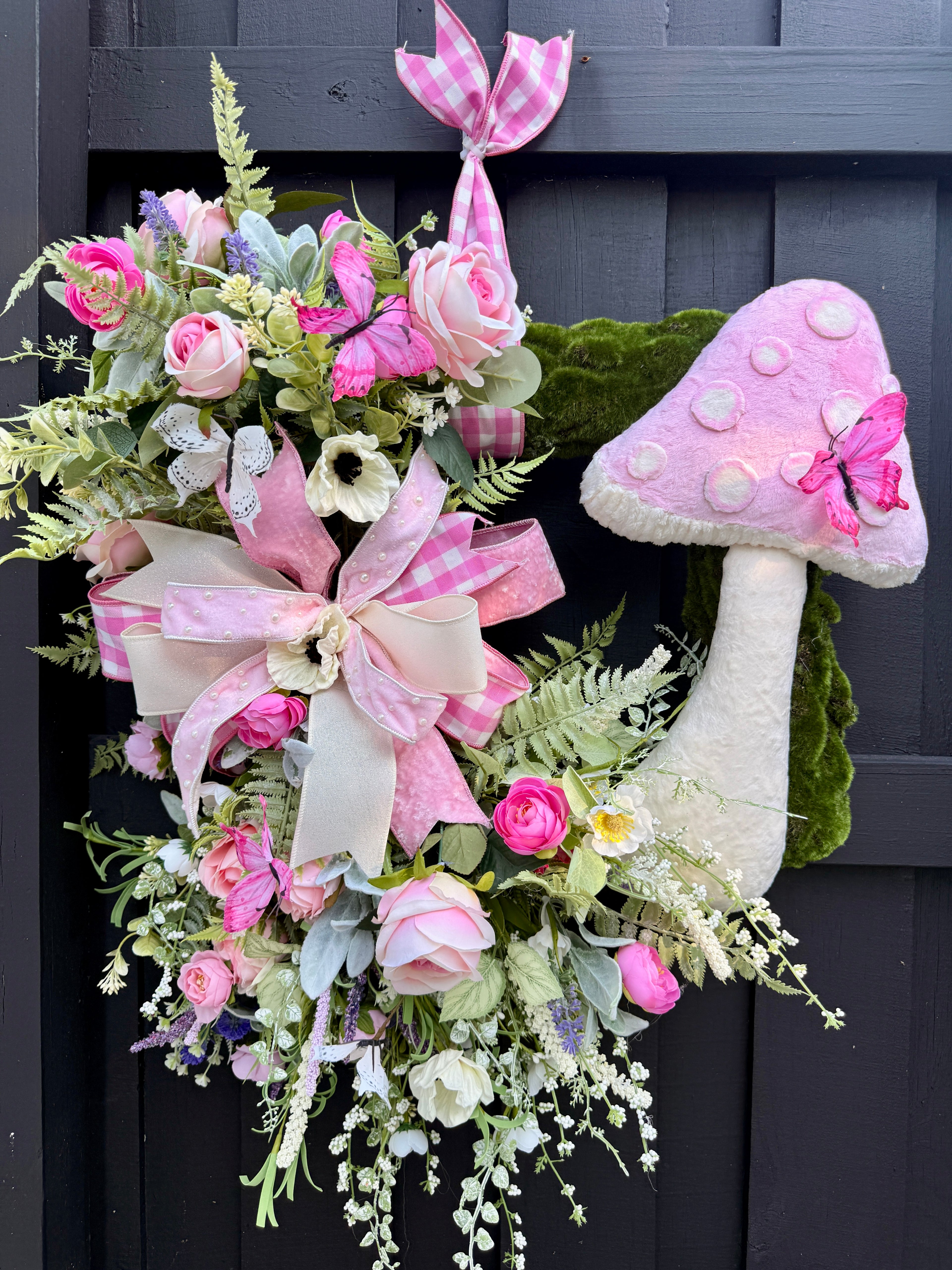 Pink Mushroom Wreath on Moss Base | Whimsical Cottagecore Door Decor