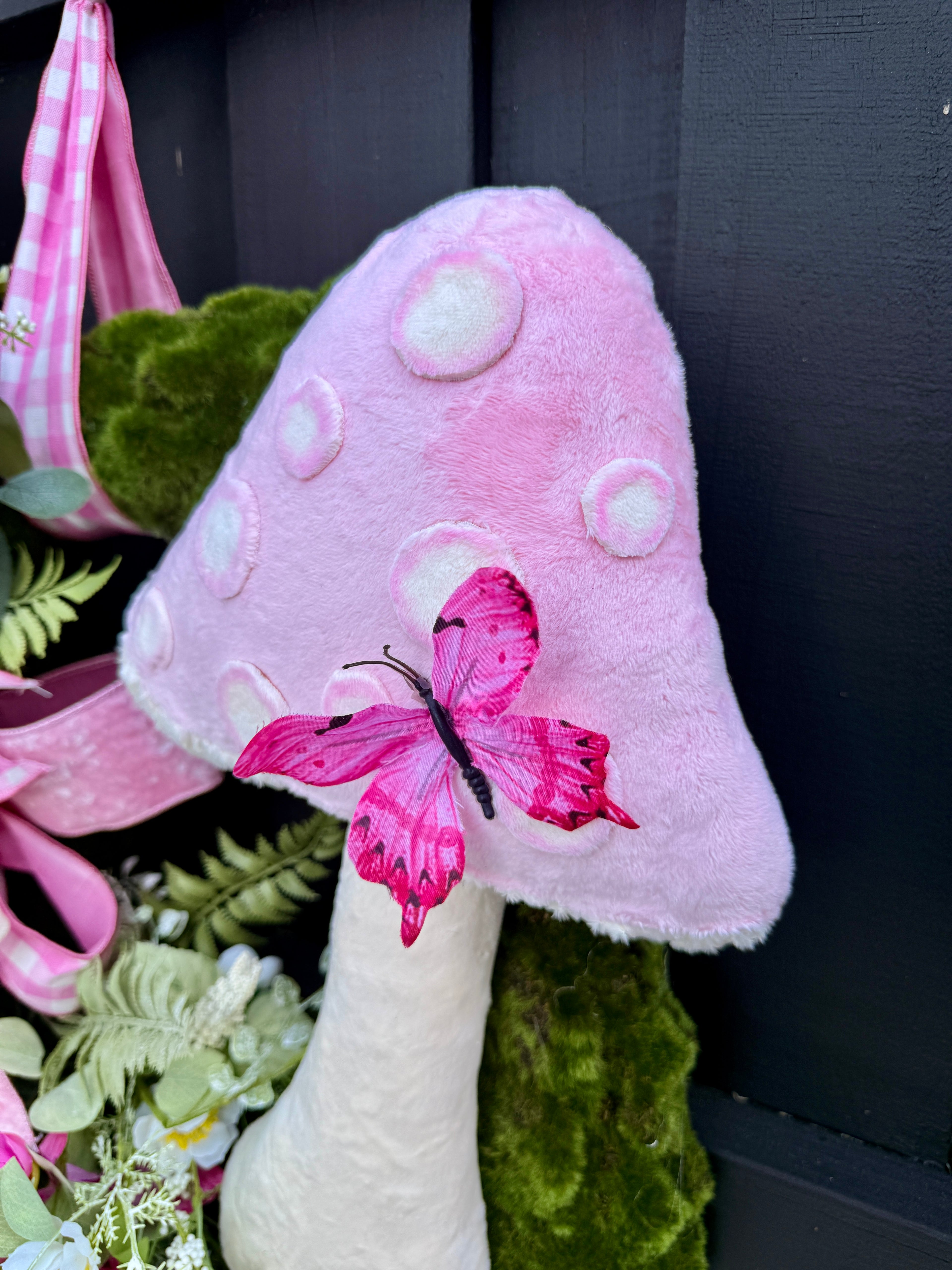 Pink Mushroom Wreath on Moss Base | Whimsical Cottagecore Door Decor