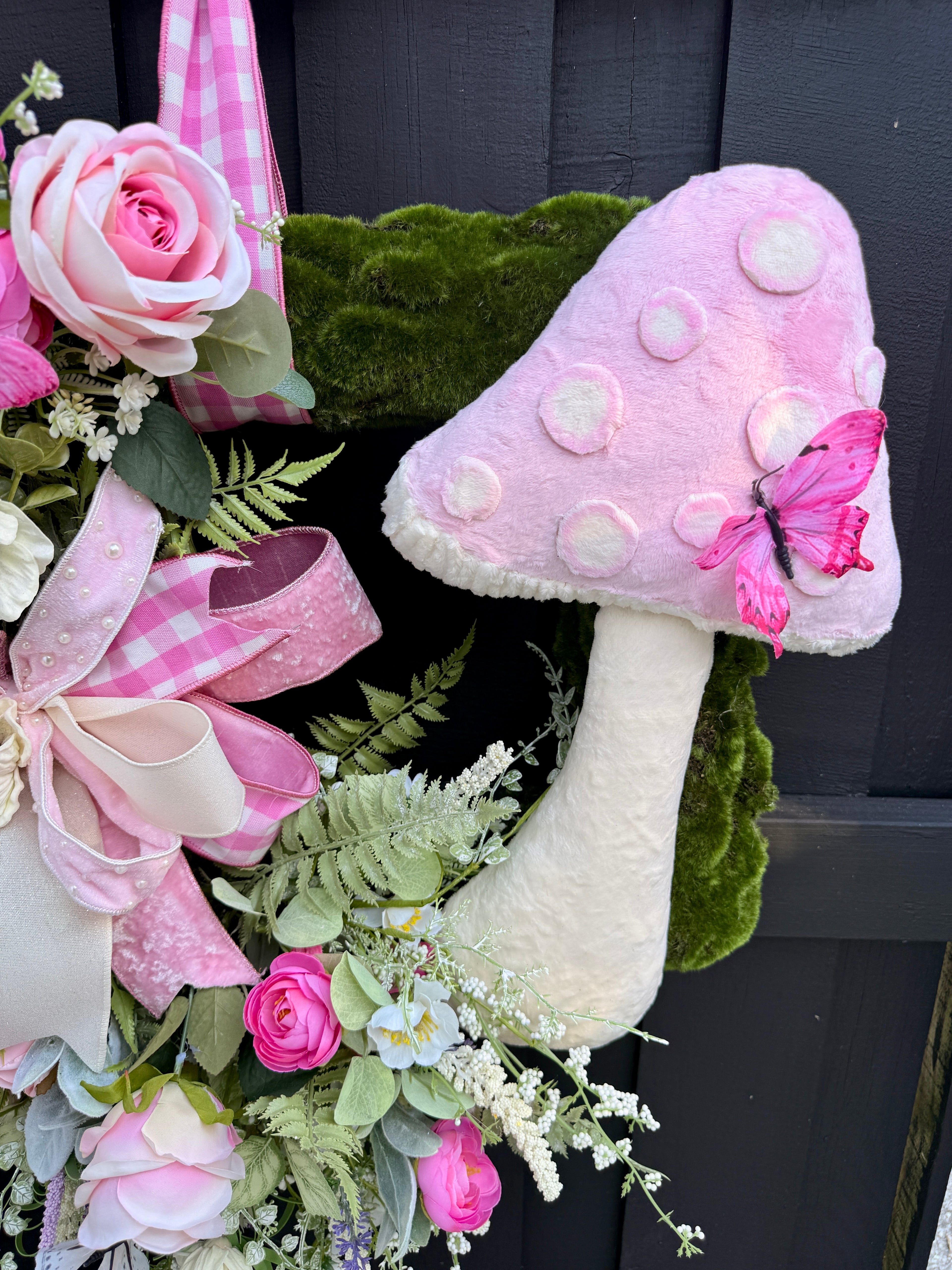 Pink Mushroom Wreath on Moss Base | Whimsical Cottagecore Door Decor