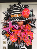 Wicked Pink Halloween Wreath, Witch Hat Front Door Wreath