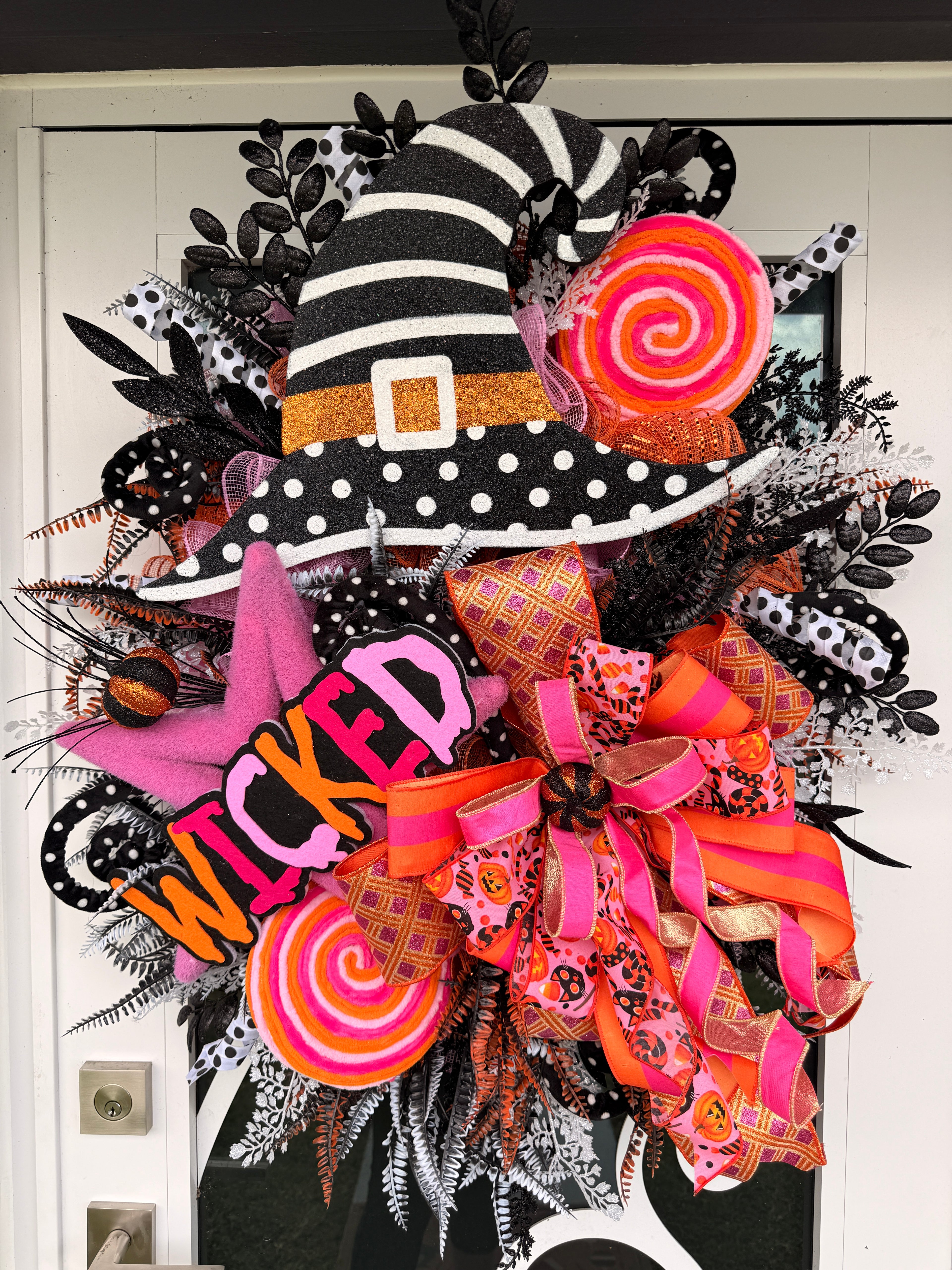 Wicked Pink Halloween Wreath, Witch Hat Front Door Wreath