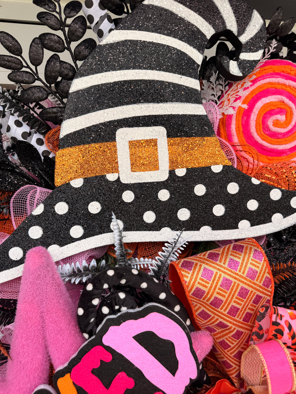 Wicked Pink Halloween Wreath, Witch Hat Front Door Wreath