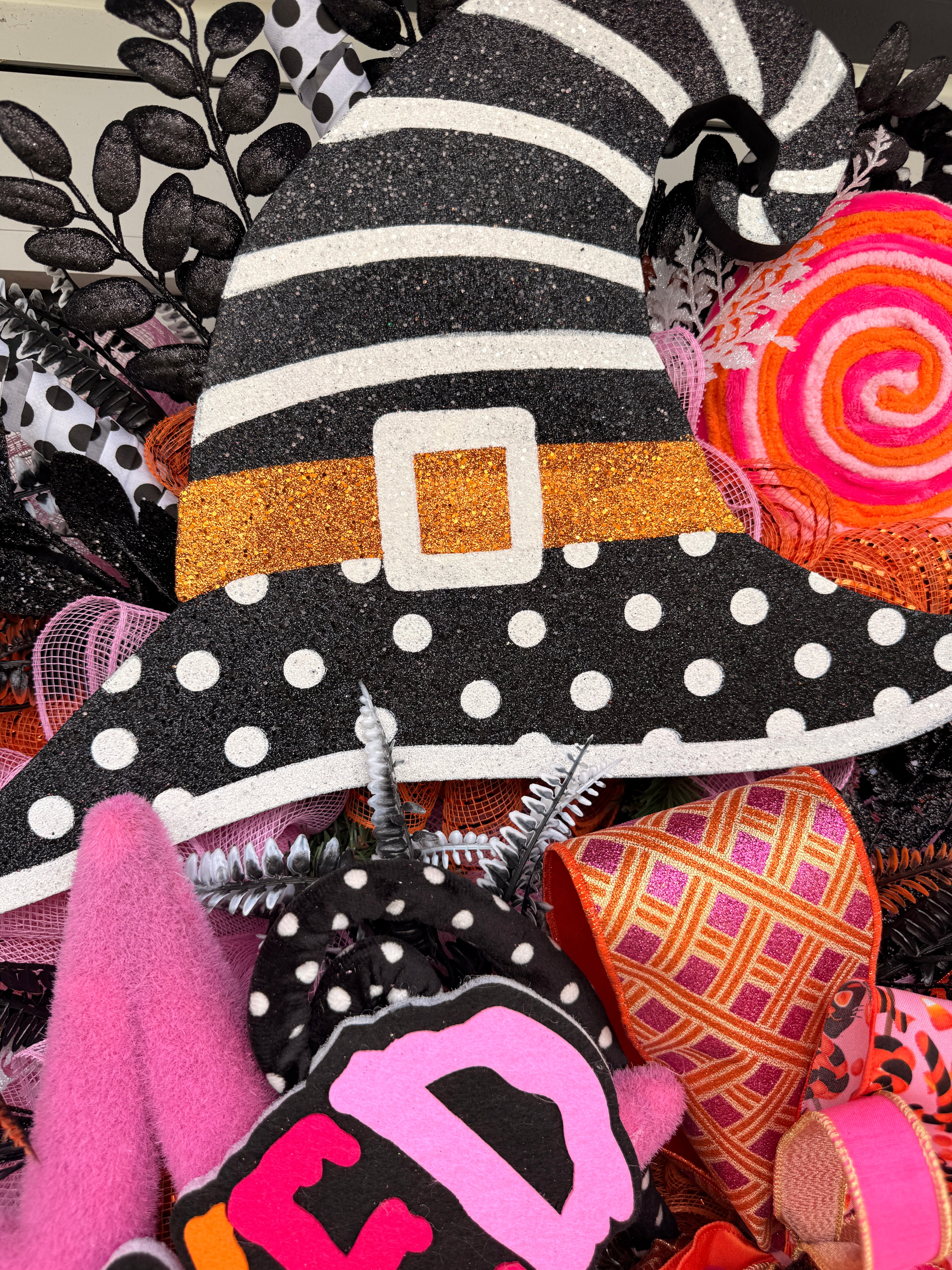 Wicked Pink Halloween Wreath, Witch Hat Front Door Wreath
