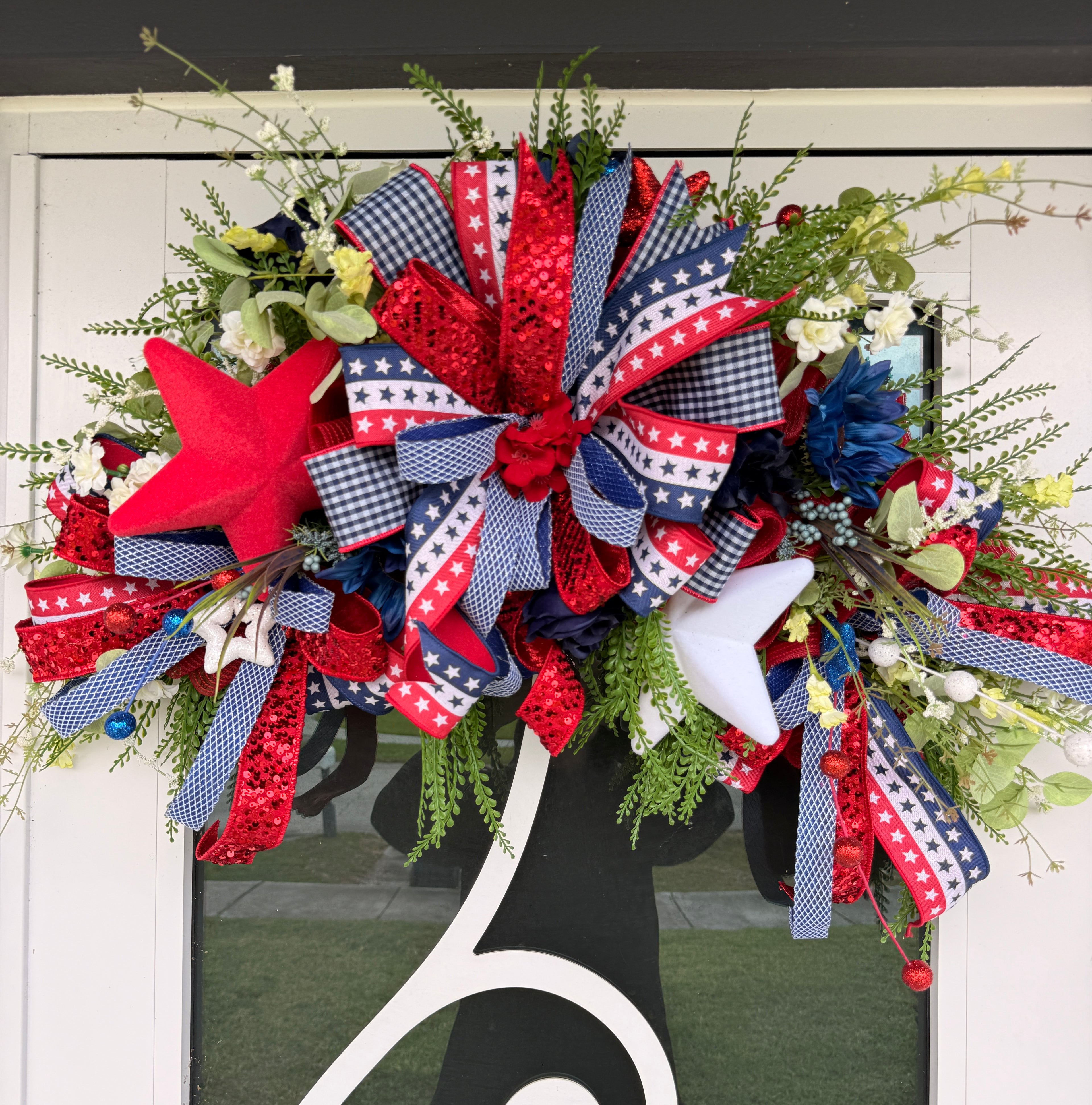 Patriotic Door Swag Wreath, 4th of July Front Door Decor, Patriotic Mailbox Swag, Red White Blue Wreath, Americana Porch Decor, July 4th Bow Wreath