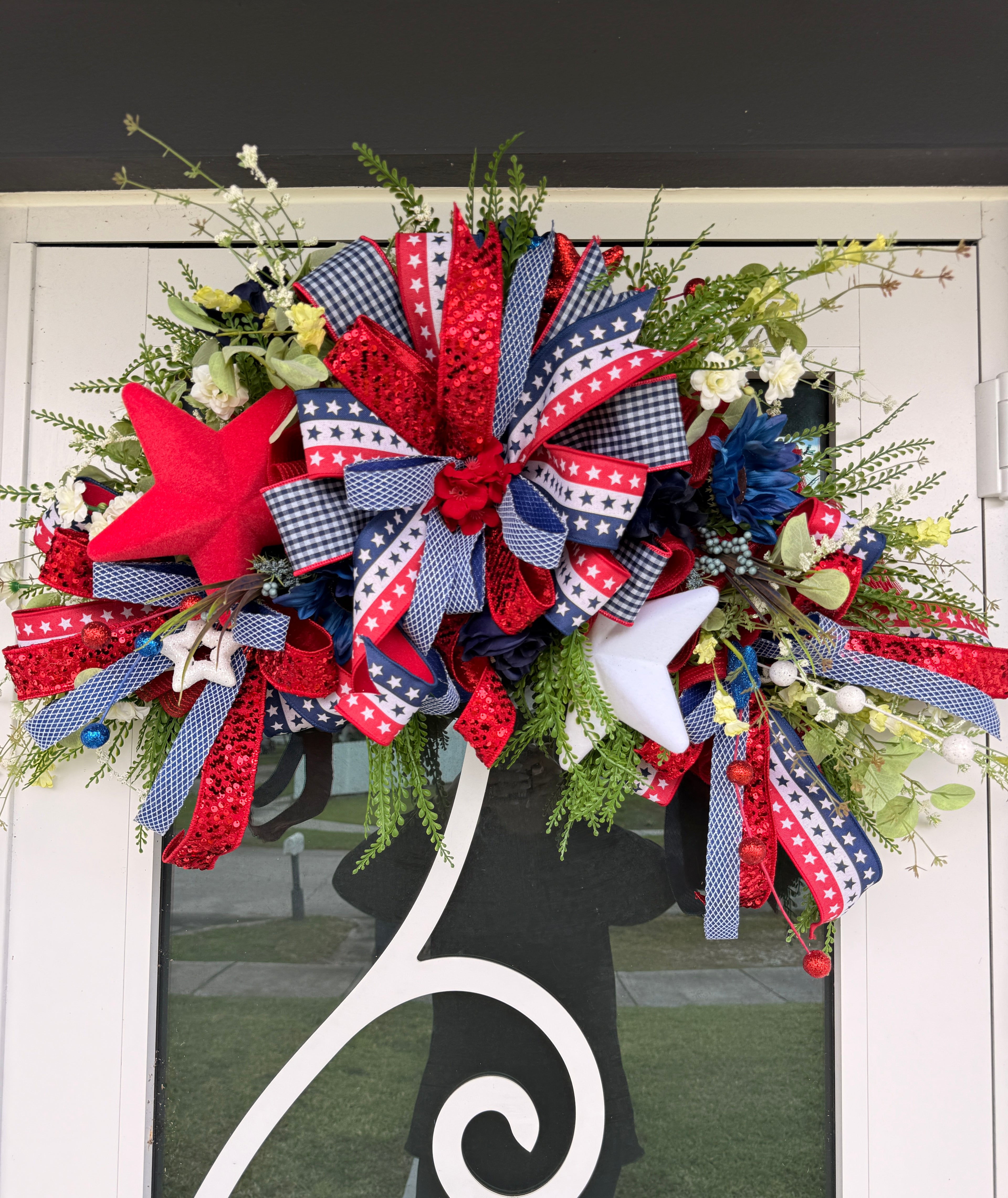 Patriotic Door Swag Wreath, 4th of July Front Door Decor, Patriotic Mailbox Swag, Red White Blue Wreath, Americana Porch Decor, July 4th Bow Wreath