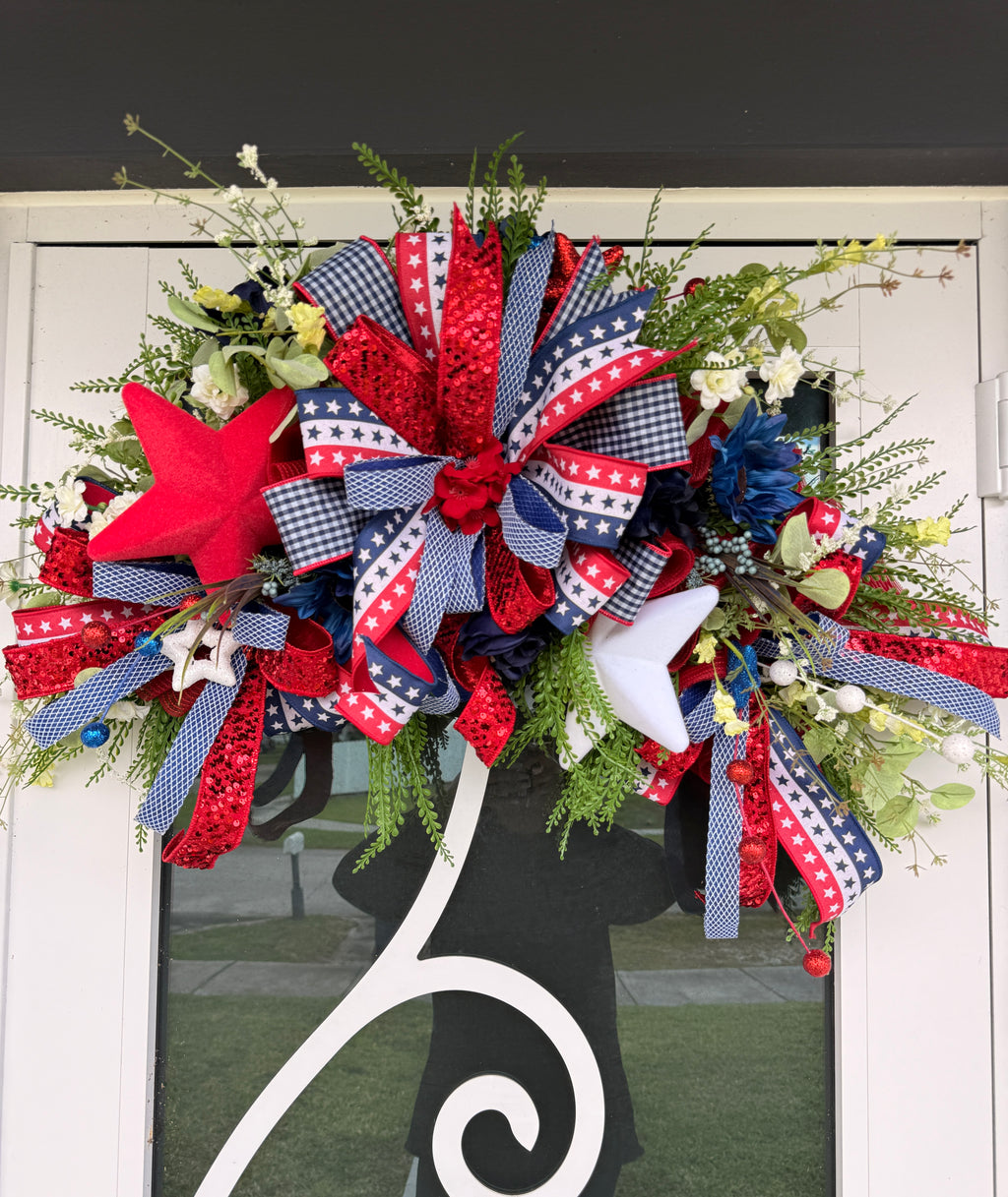 Patriotic Door Swag Wreath, 4th of July Front Door Decor, Patriotic Mailbox Swag, Red White Blue Wreath, Americana Porch Decor, July 4th Bow Wreath