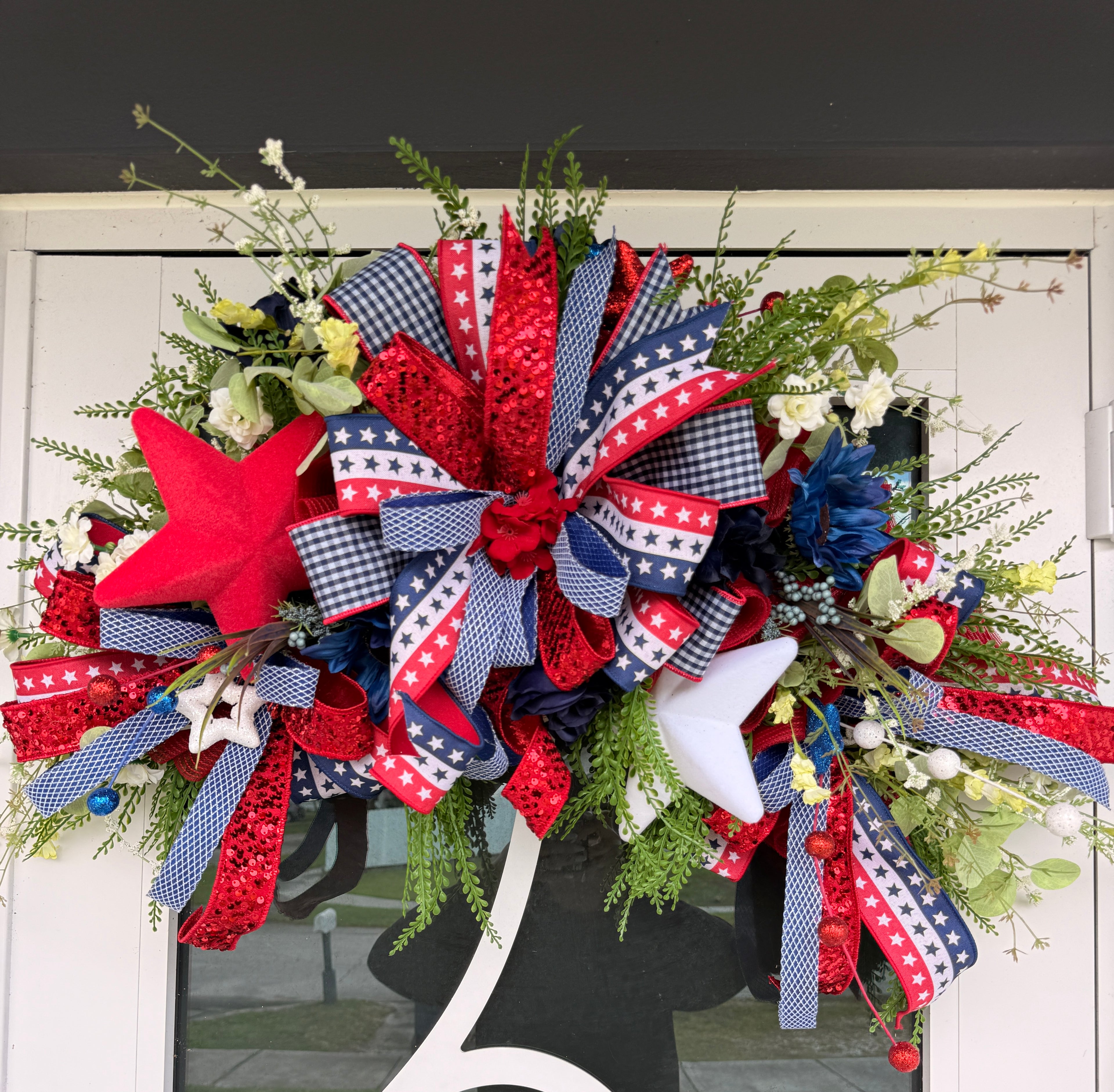 Patriotic Door Swag Wreath, 4th of July Front Door Decor, Patriotic Mailbox Swag, Red White Blue Wreath, Americana Porch Decor, July 4th Bow Wreath