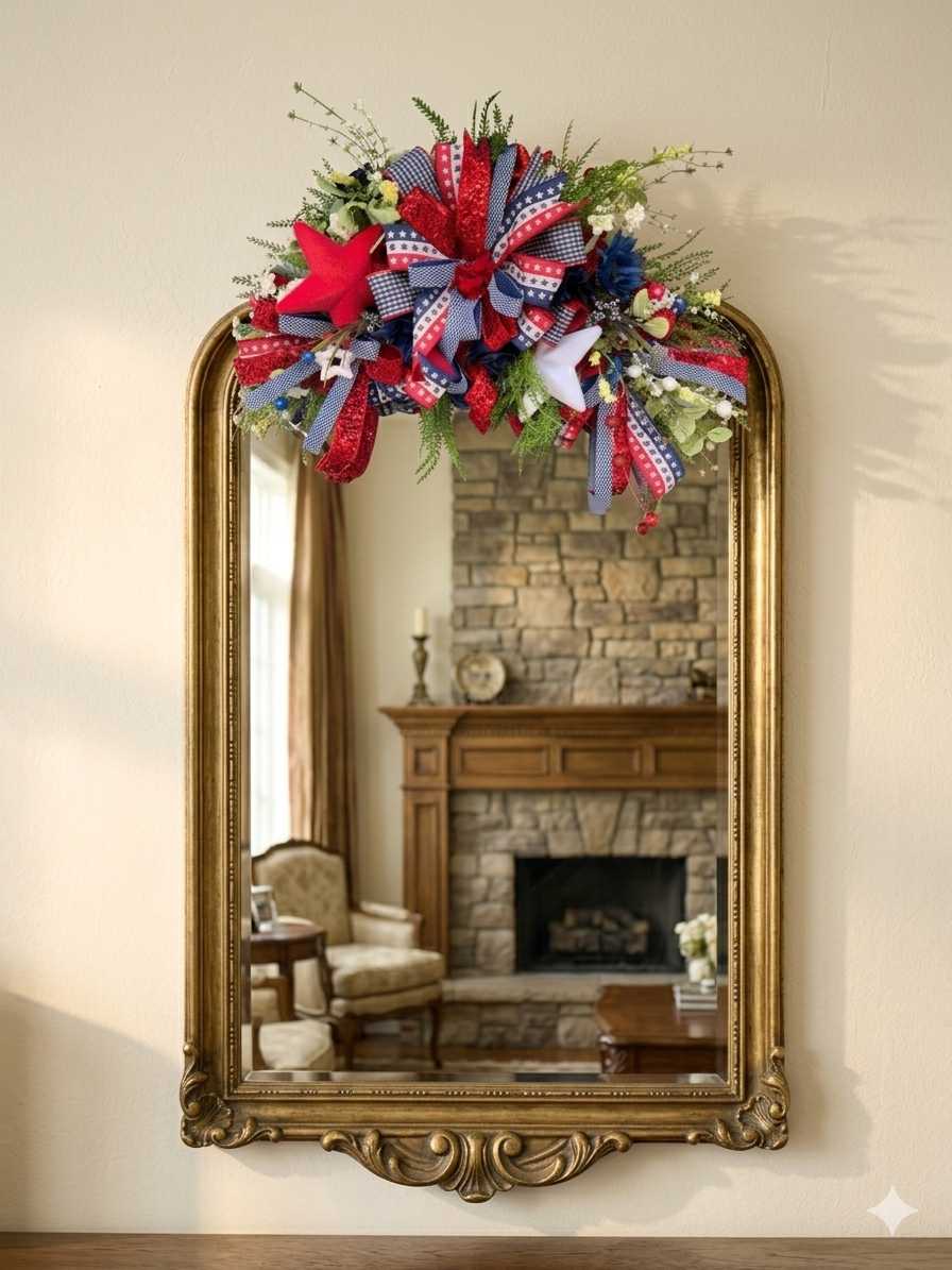 Patriotic Door Swag Wreath, 4th of July Front Door Decor, Patriotic Mailbox Swag, Red White Blue Wreath, Americana Porch Decor, July 4th Bow Wreath