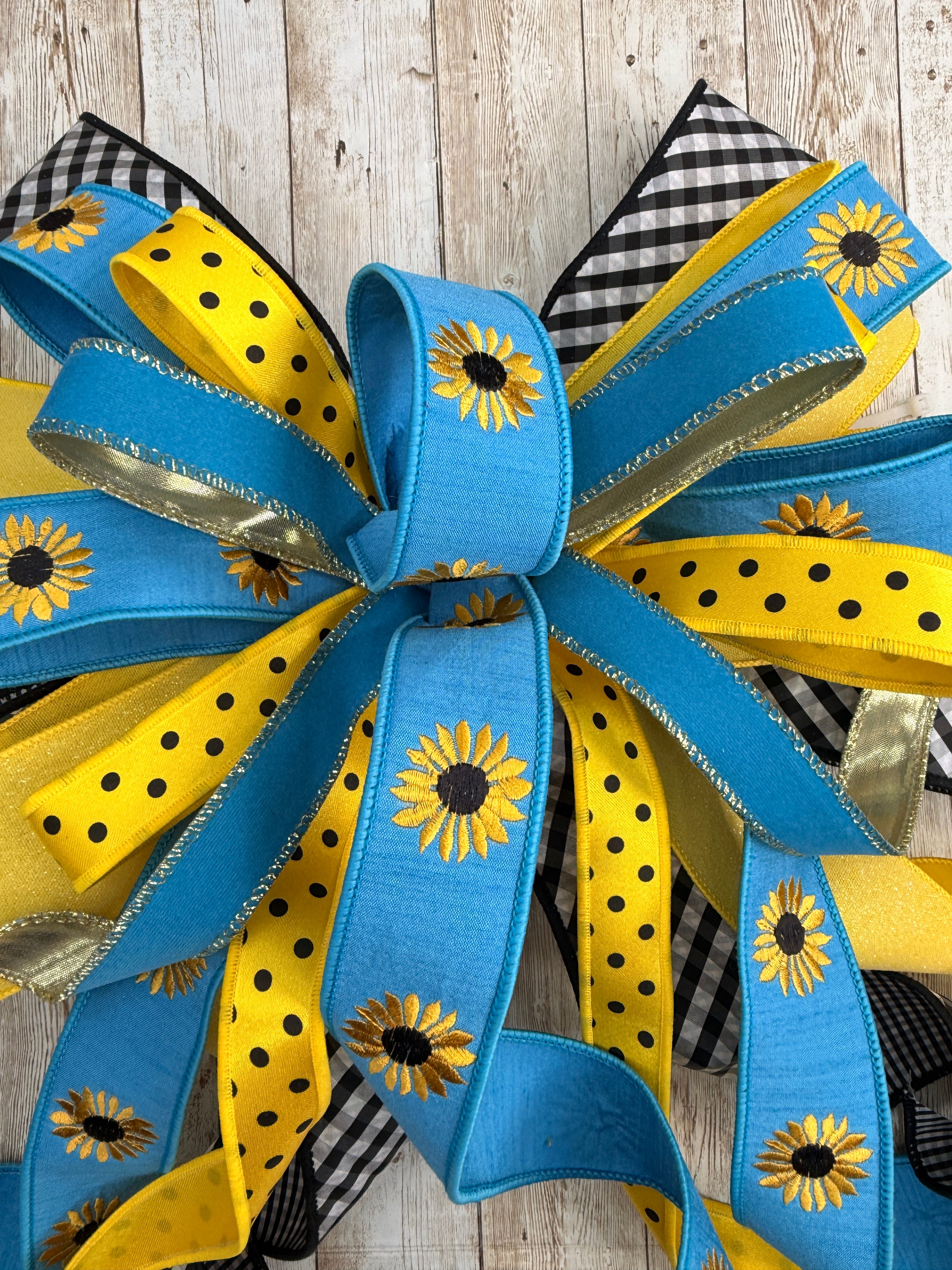 Large Sunflower Bow, Yellow Blue Front Door Decor, Summer Wreath Bow, Farmhouse Porch Decor, Fall Sunflower Bow, Buffalo Check Bow