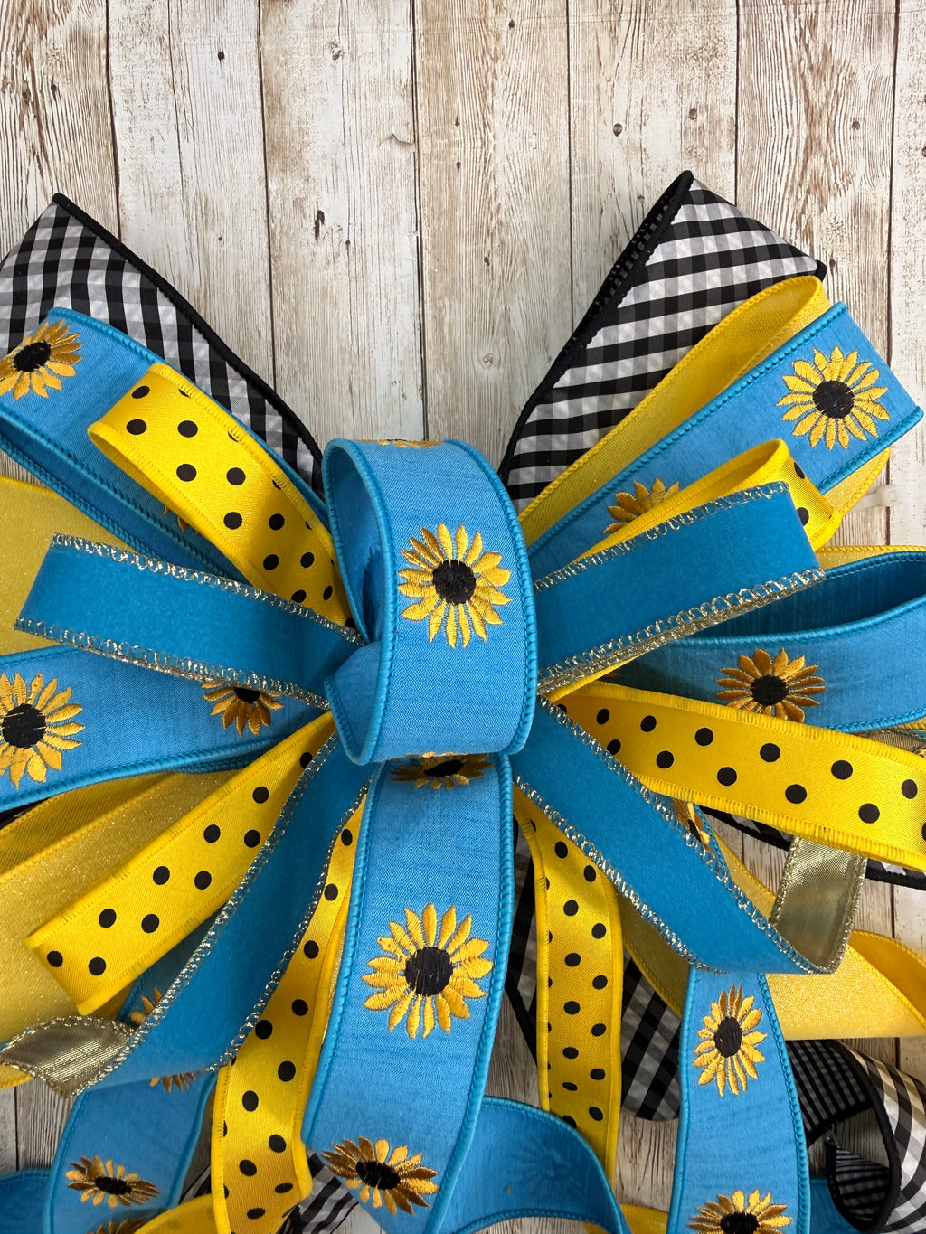 Large Sunflower Bow, Yellow Blue Front Door Decor, Summer Wreath Bow, Farmhouse Porch Decor, Fall Sunflower Bow, Buffalo Check Bow