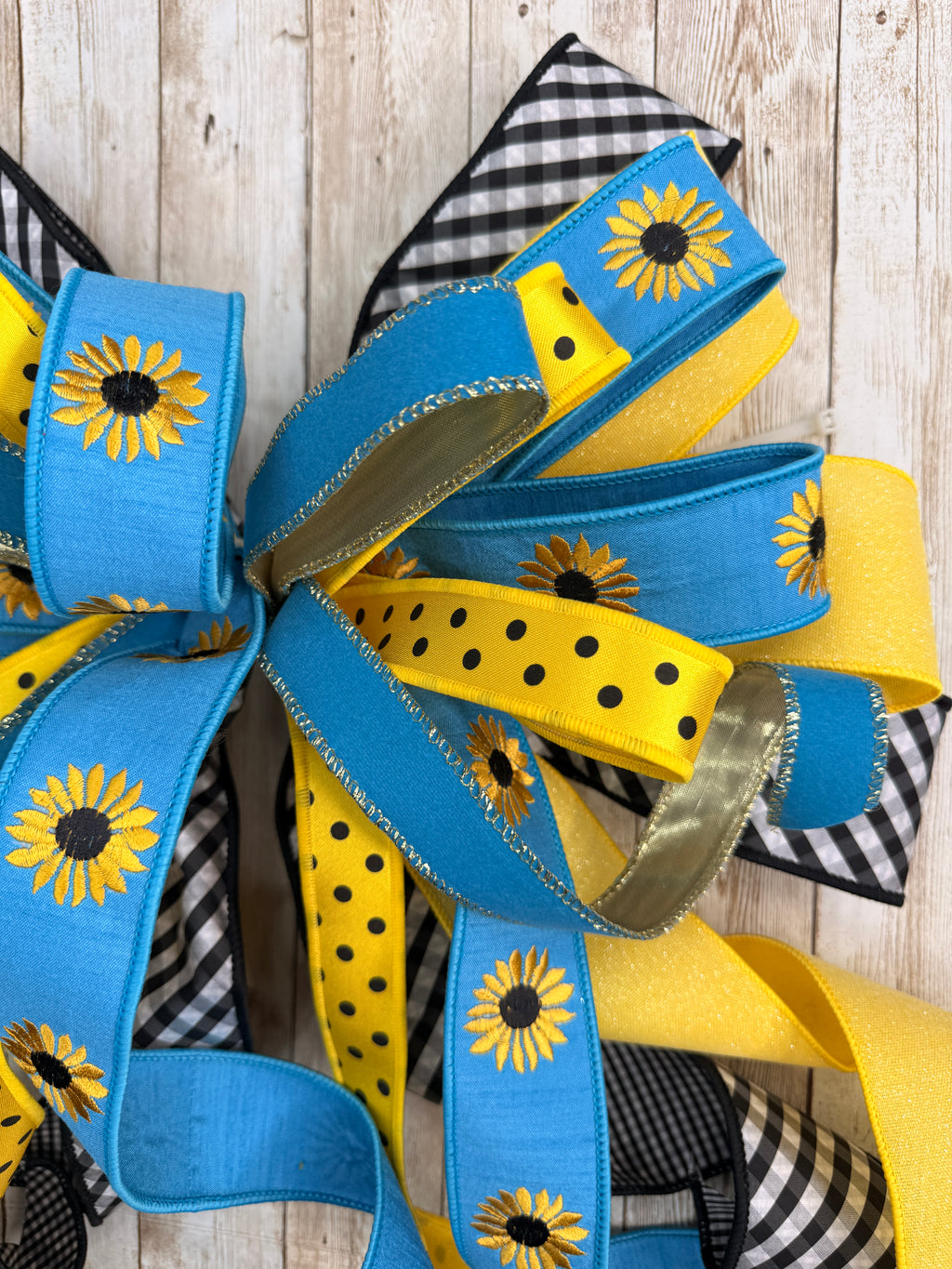Large Sunflower Bow, Yellow Blue Front Door Decor, Summer Wreath Bow, Farmhouse Porch Decor, Fall Sunflower Bow, Buffalo Check Bow
