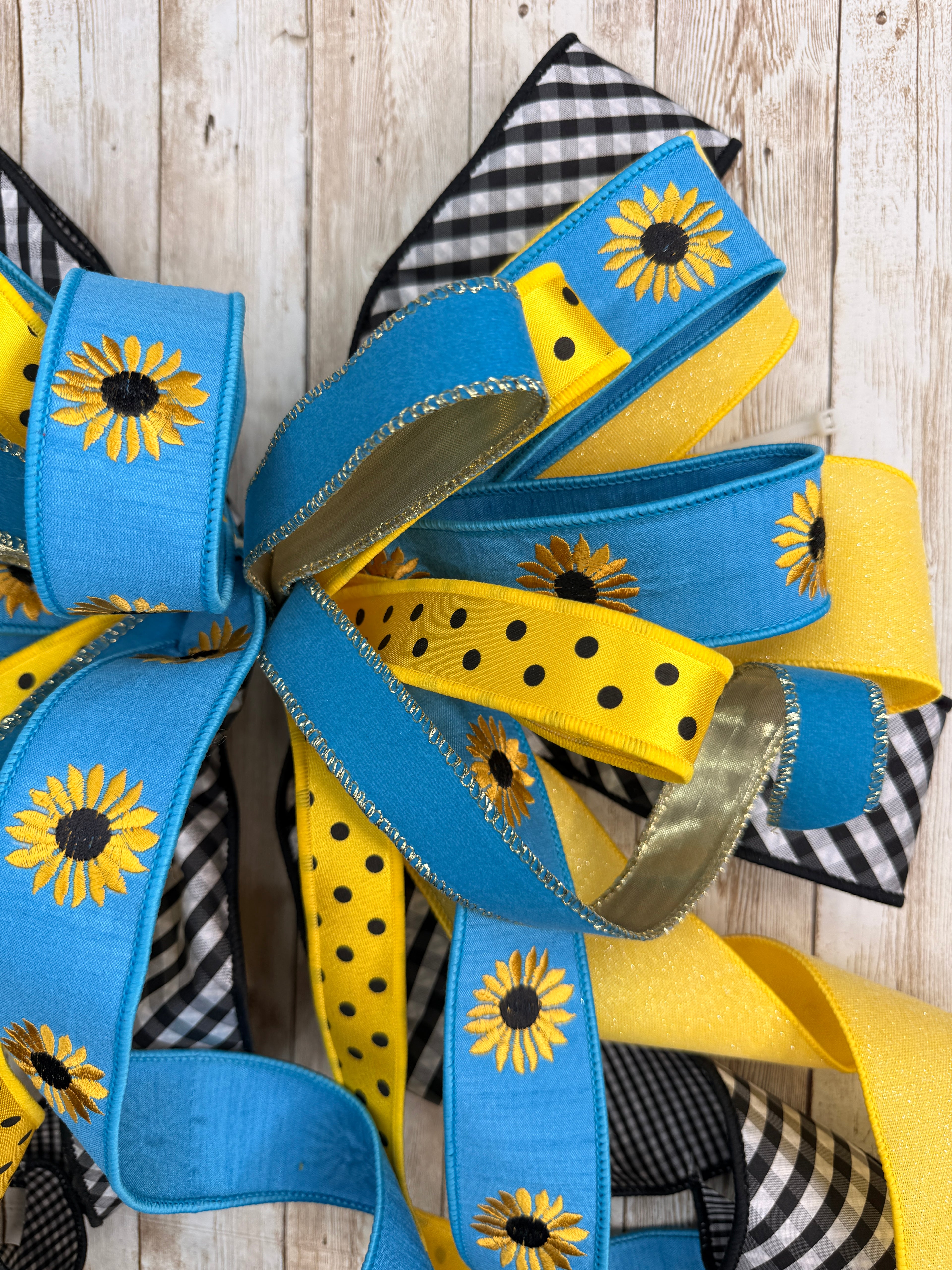 Large Sunflower Bow, Yellow Blue Front Door Decor, Summer Wreath Bow, Farmhouse Porch Decor, Fall Sunflower Bow, Buffalo Check Bow