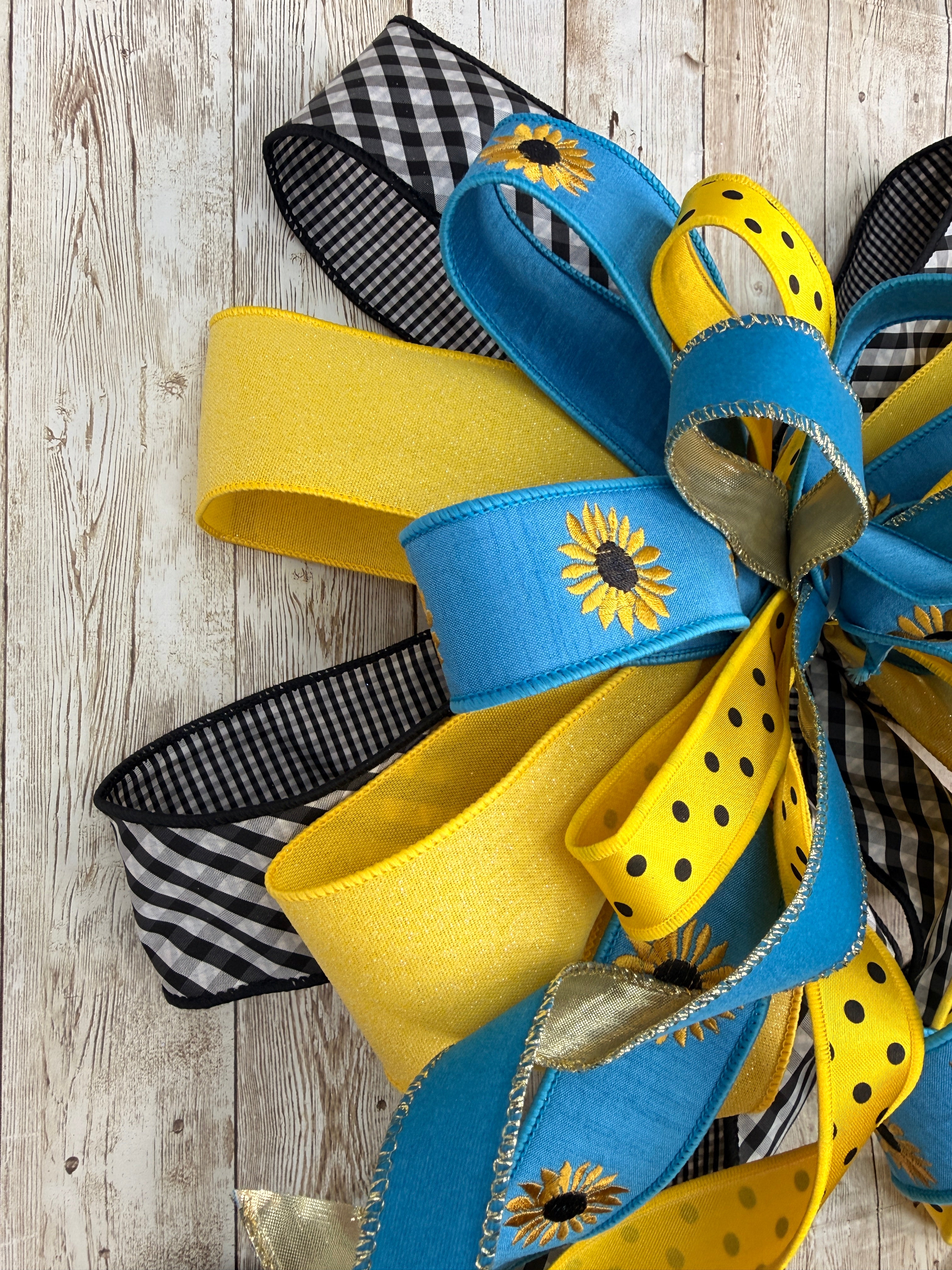 Large Sunflower Bow, Yellow Blue Front Door Decor, Summer Wreath Bow, Farmhouse Porch Decor, Fall Sunflower Bow, Buffalo Check Bow