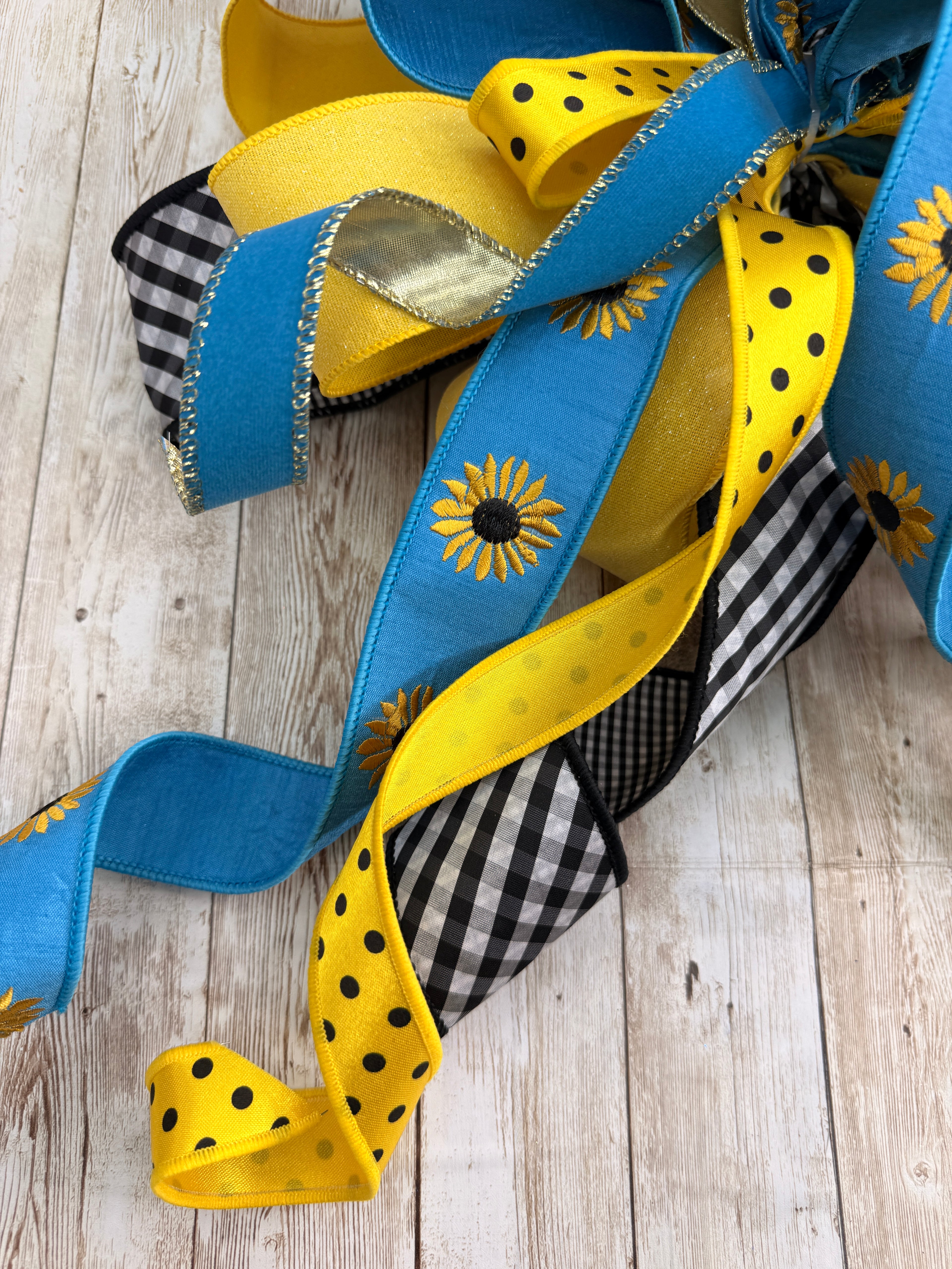 Large Sunflower Bow, Yellow Blue Front Door Decor, Summer Wreath Bow, Farmhouse Porch Decor, Fall Sunflower Bow, Buffalo Check Bow