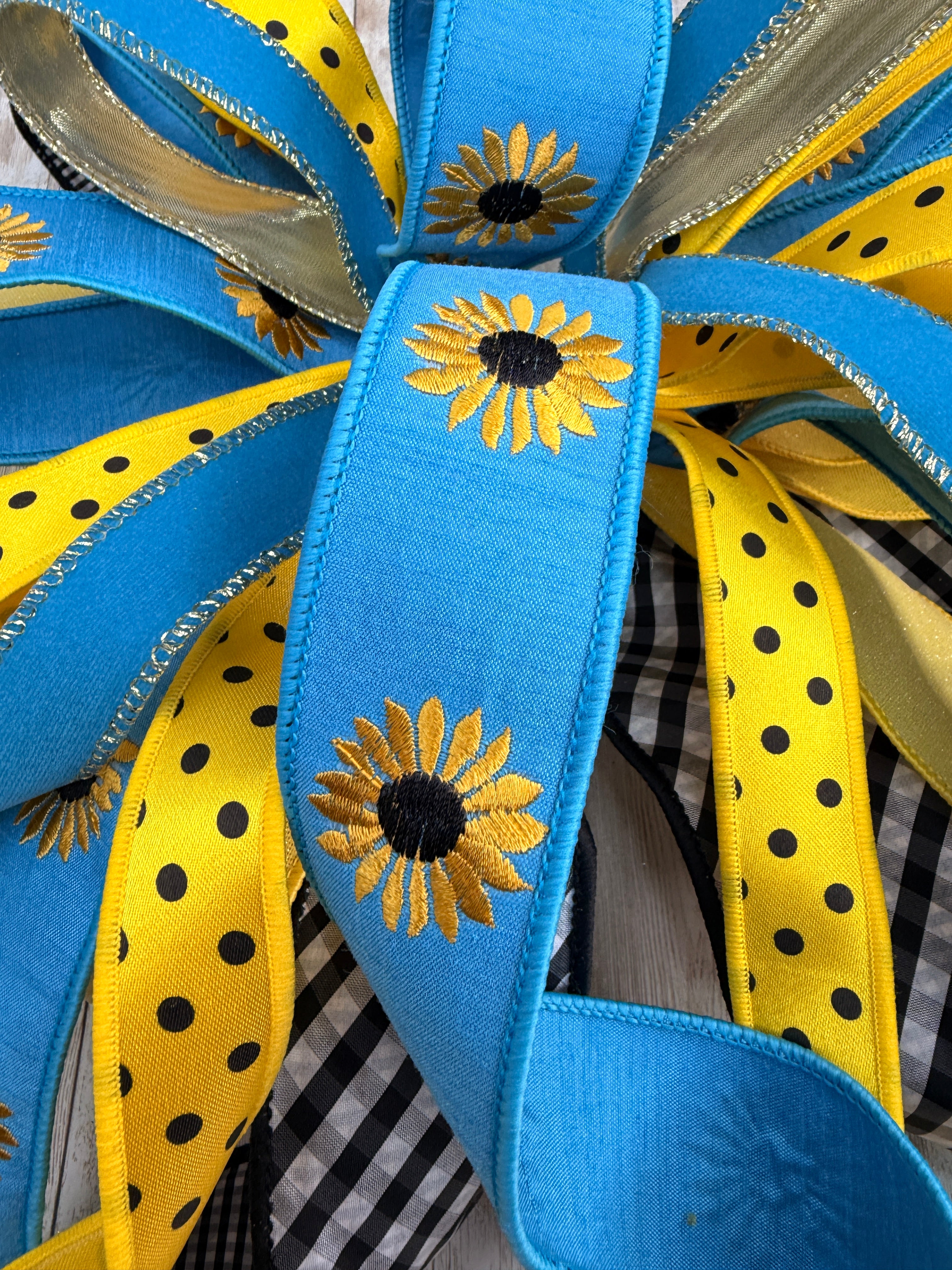 Large Sunflower Bow, Yellow Blue Front Door Decor, Summer Wreath Bow, Farmhouse Porch Decor, Fall Sunflower Bow, Buffalo Check Bow