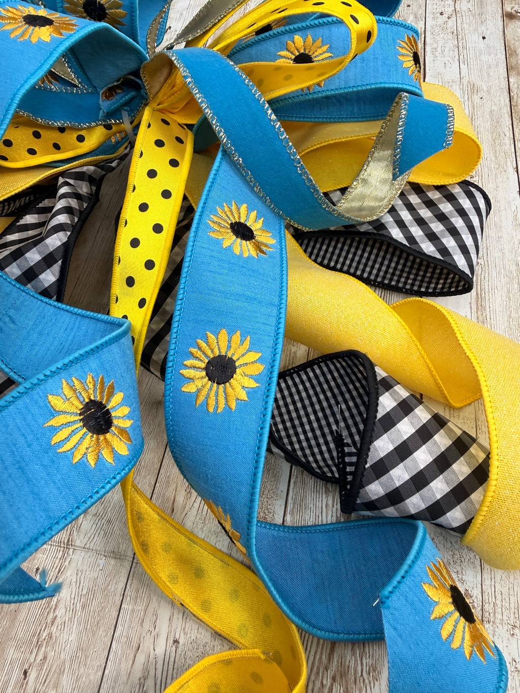 Large Sunflower Bow, Yellow Blue Front Door Decor, Summer Wreath Bow, Farmhouse Porch Decor, Fall Sunflower Bow, Buffalo Check Bow