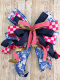 Large Blue Chinoiserie Bow, Pink Check Door Bow, Preppy Front Door Decor, Coastal Grandmillennial Bow, Summer Wreath Bow, Statement Porch Decor