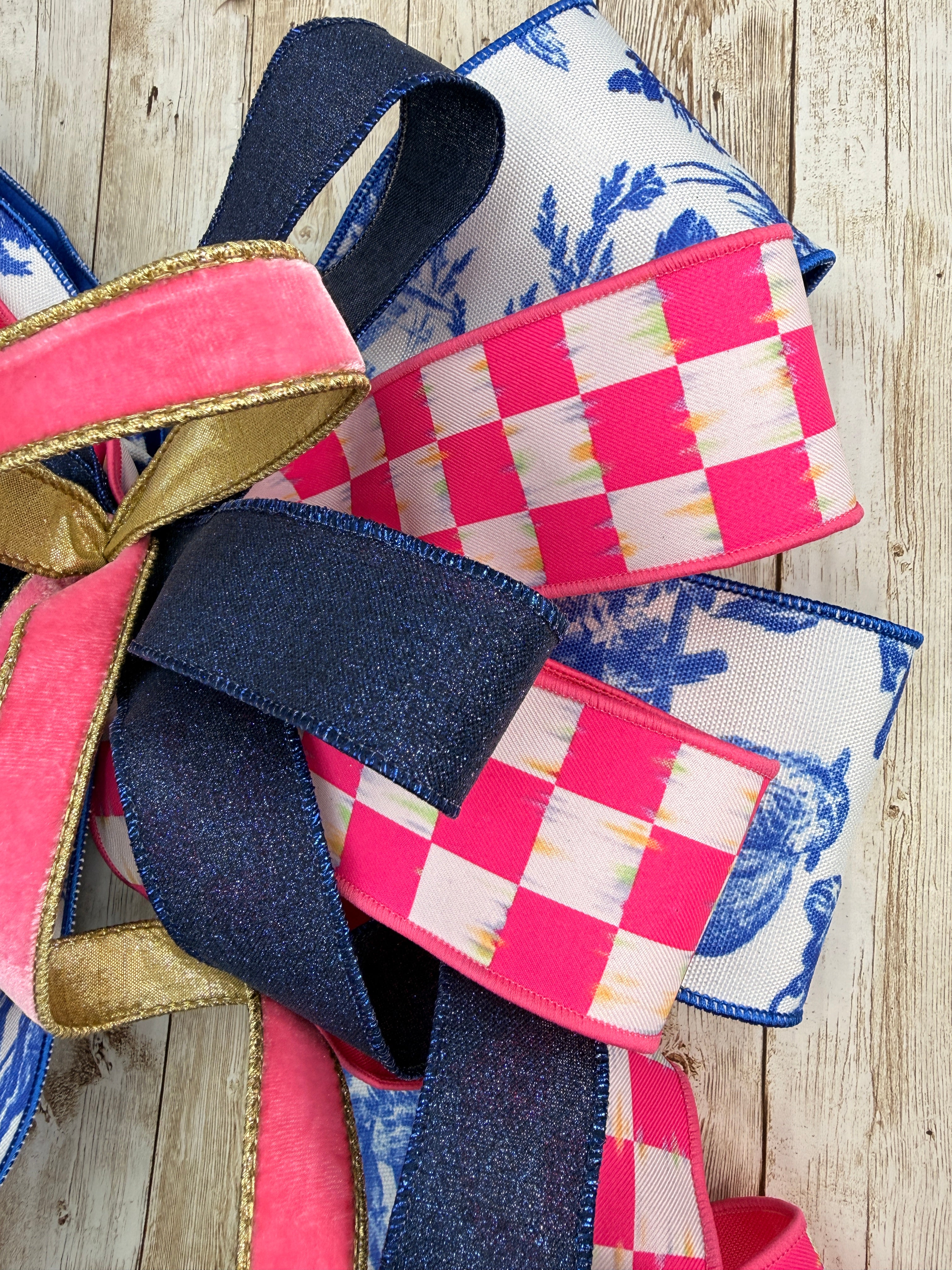 Large Blue Chinoiserie Bow, Pink Check Door Bow, Preppy Front Door Decor, Coastal Grandmillennial Bow, Summer Wreath Bow, Statement Porch Decor