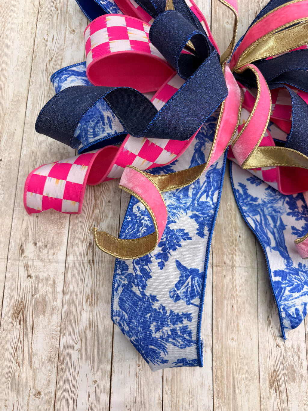 Large Blue Chinoiserie Bow, Pink Check Door Bow, Preppy Front Door Decor, Coastal Grandmillennial Bow, Summer Wreath Bow, Statement Porch Decor