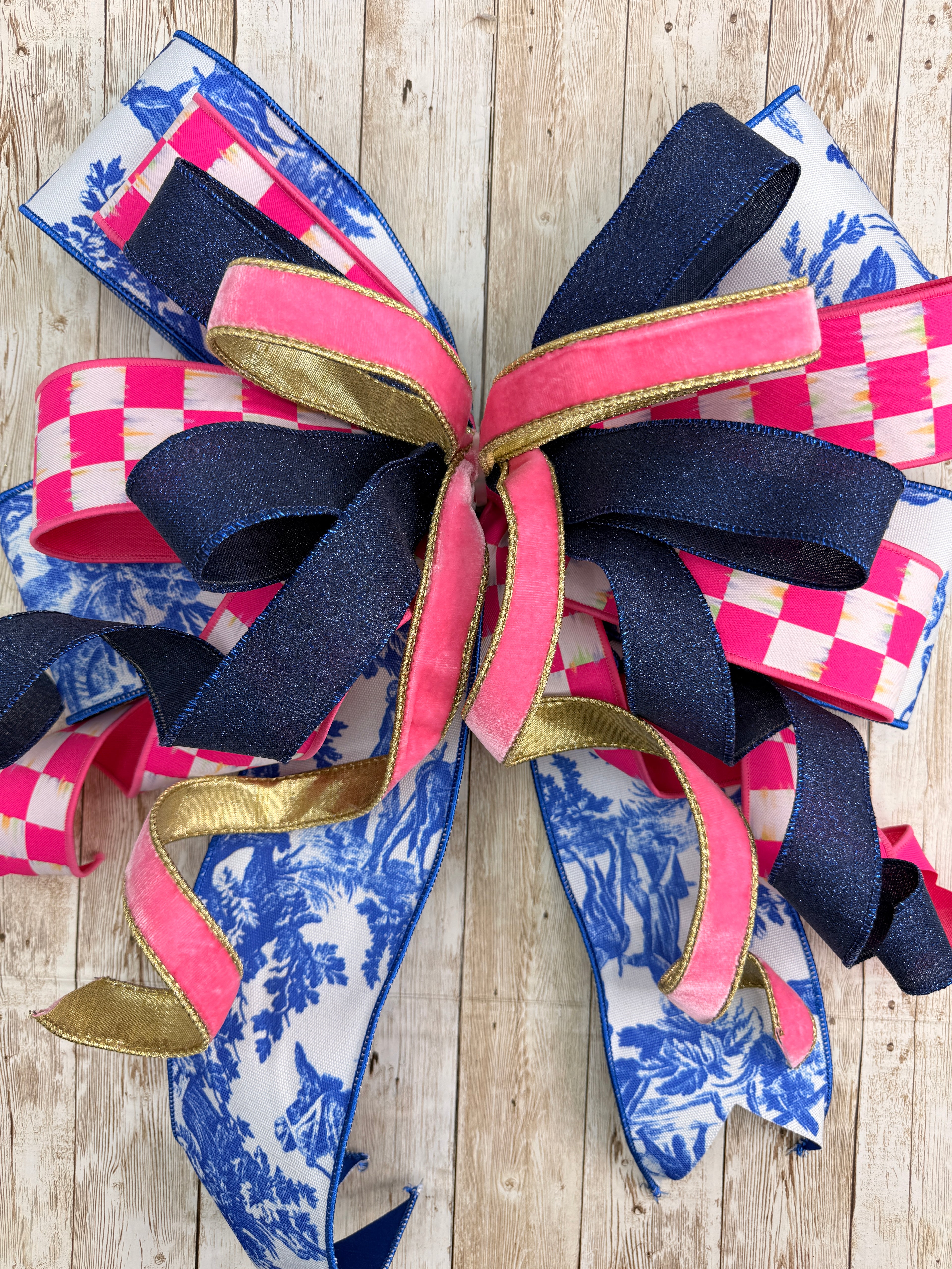Large Blue Chinoiserie Bow, Pink Check Door Bow, Preppy Front Door Decor, Coastal Grandmillennial Bow, Summer Wreath Bow, Statement Porch Decor