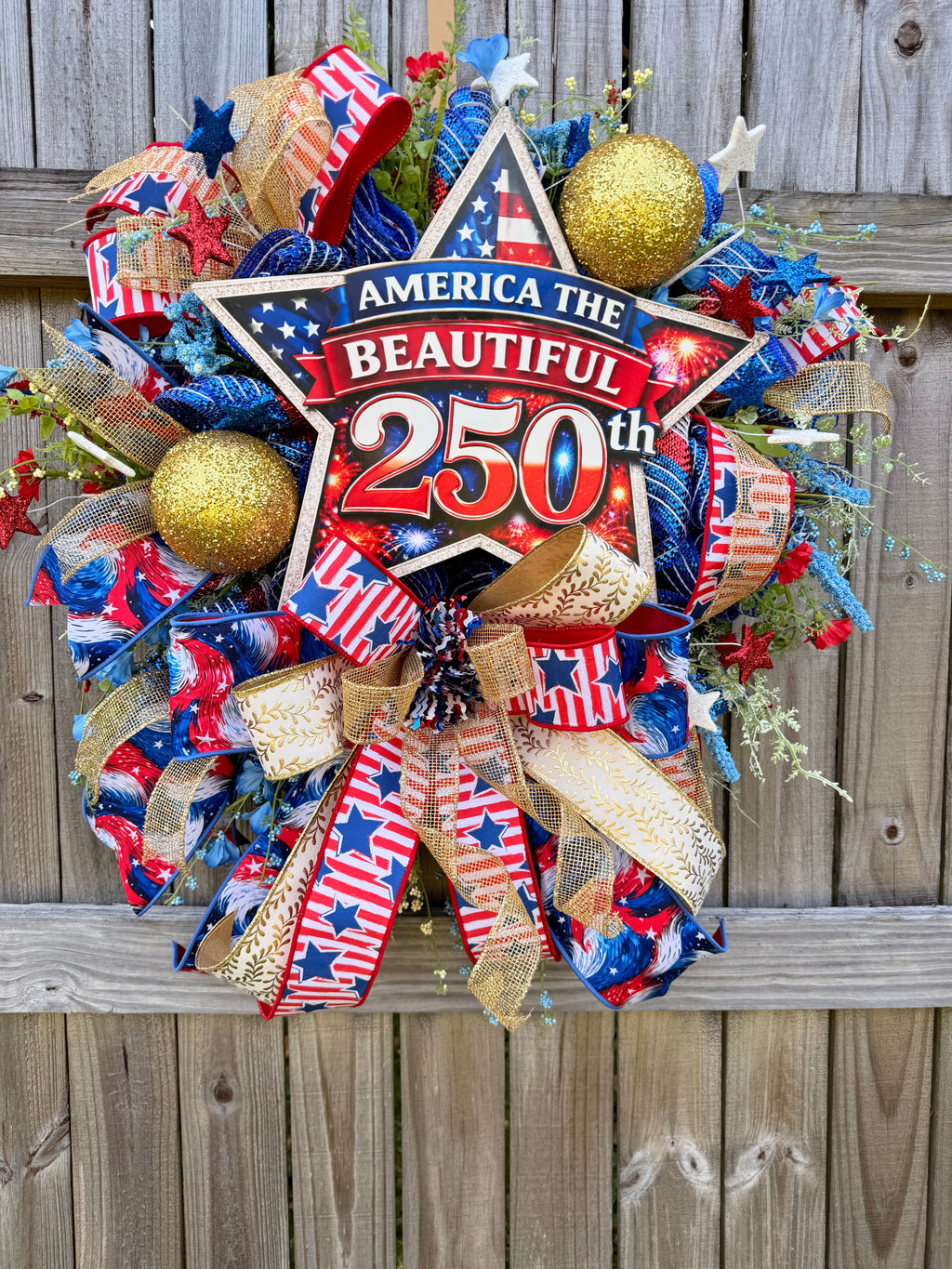 America The Beautiful 250th Patriotic Wreath, Fourth of July Decor, Americana Front Door Wreath, Red White Blue Mesh Wreath, USA Celebration Decor