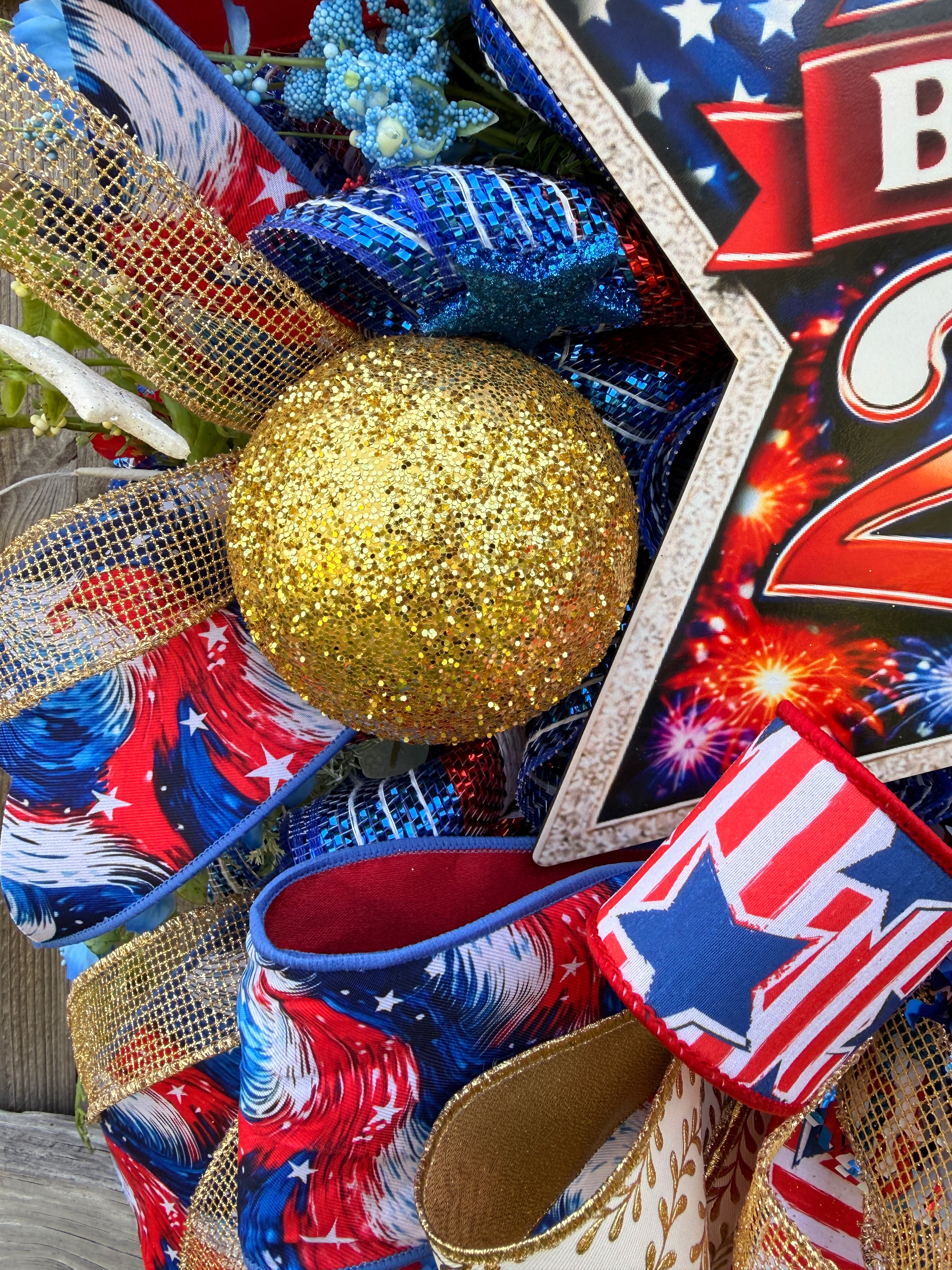 America The Beautiful 250th Patriotic Wreath, Fourth of July Decor, Americana Front Door Wreath, Red White Blue Mesh Wreath, USA Celebration Decor