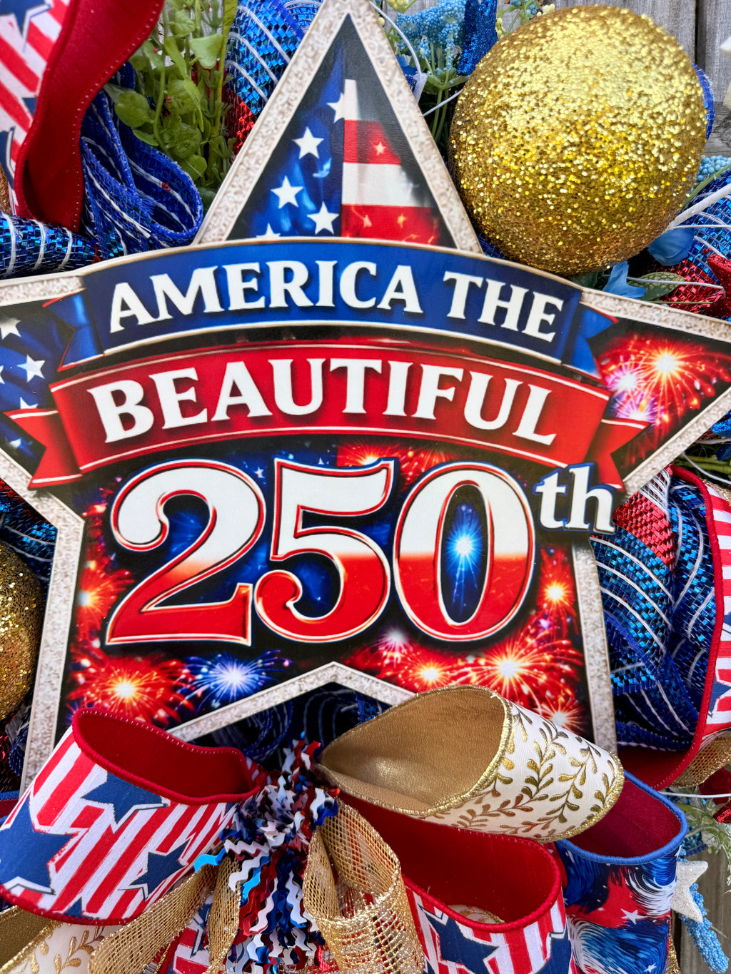 America The Beautiful 250th Patriotic Wreath, Fourth of July Decor, Americana Front Door Wreath, Red White Blue Mesh Wreath, USA Celebration Decor