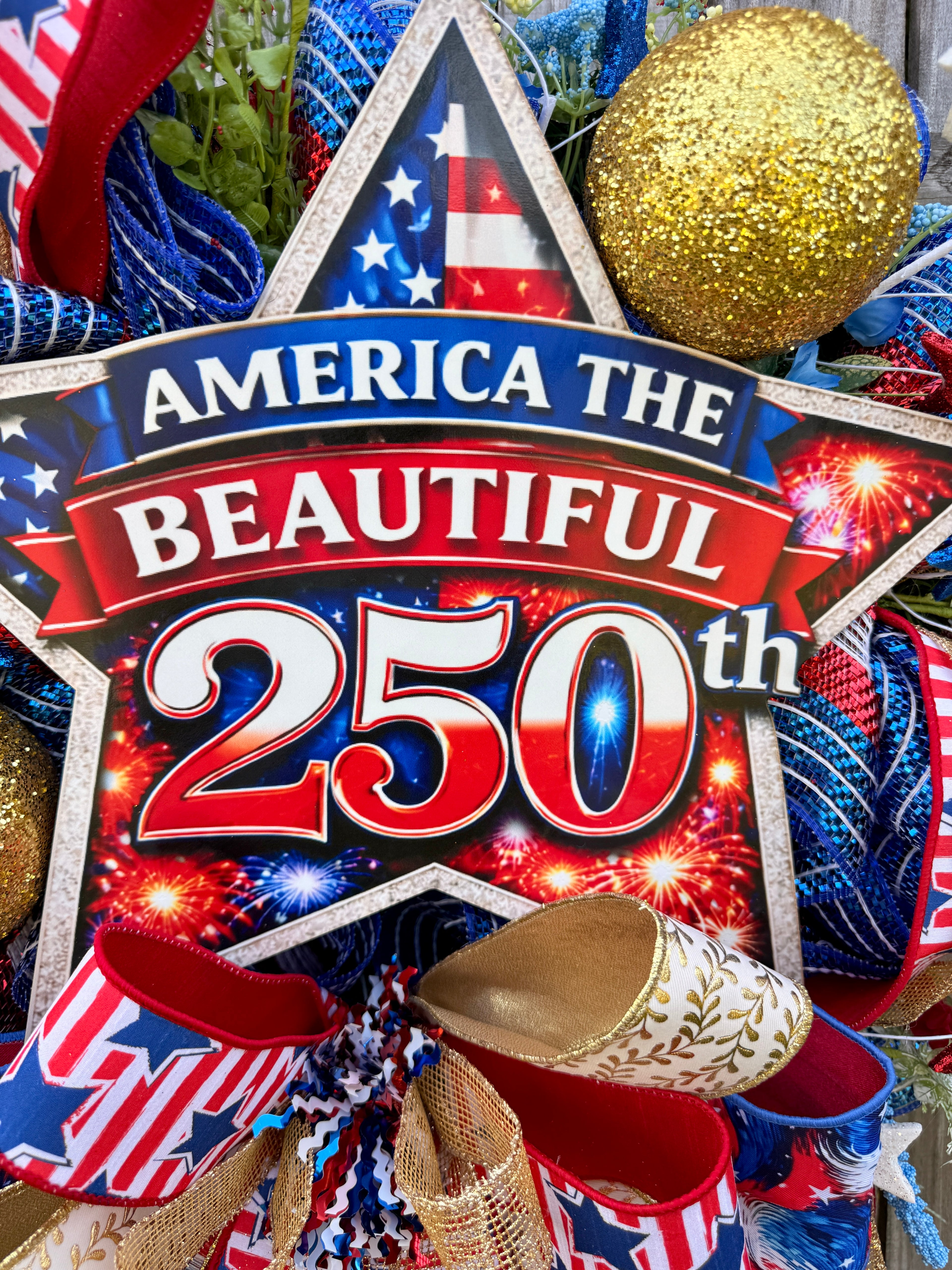 America The Beautiful 250th Patriotic Wreath, Fourth of July Decor, Americana Front Door Wreath, Red White Blue Mesh Wreath, USA Celebration Decor