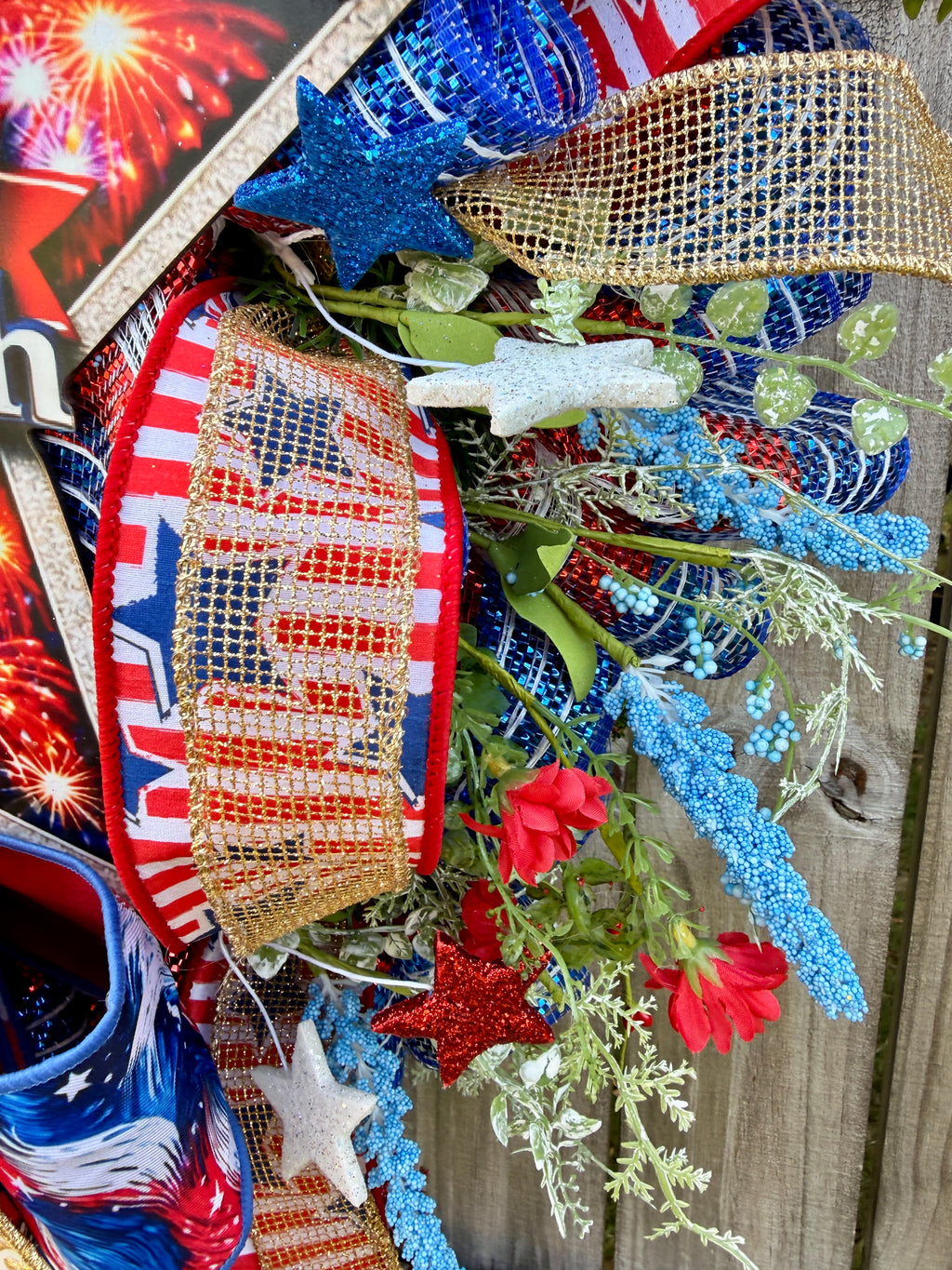 America The Beautiful 250th Patriotic Wreath, Fourth of July Decor, Americana Front Door Wreath, Red White Blue Mesh Wreath, USA Celebration Decor