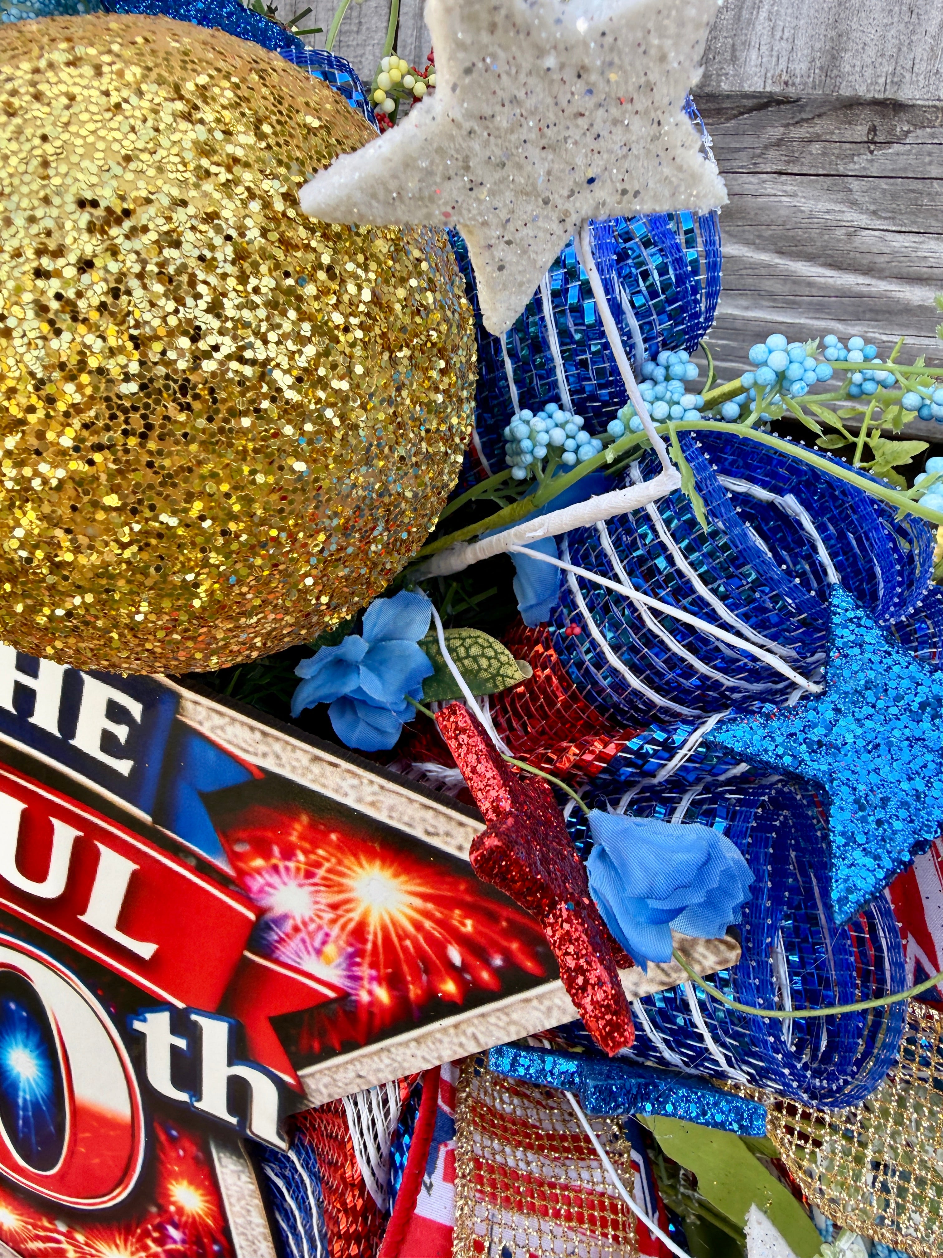 America The Beautiful 250th Patriotic Wreath, Fourth of July Decor, Americana Front Door Wreath, Red White Blue Mesh Wreath, USA Celebration Decor