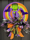 Cute Spooky Frankenstein Halloween Door Hanger – Glitter Swirl Halloween Decor