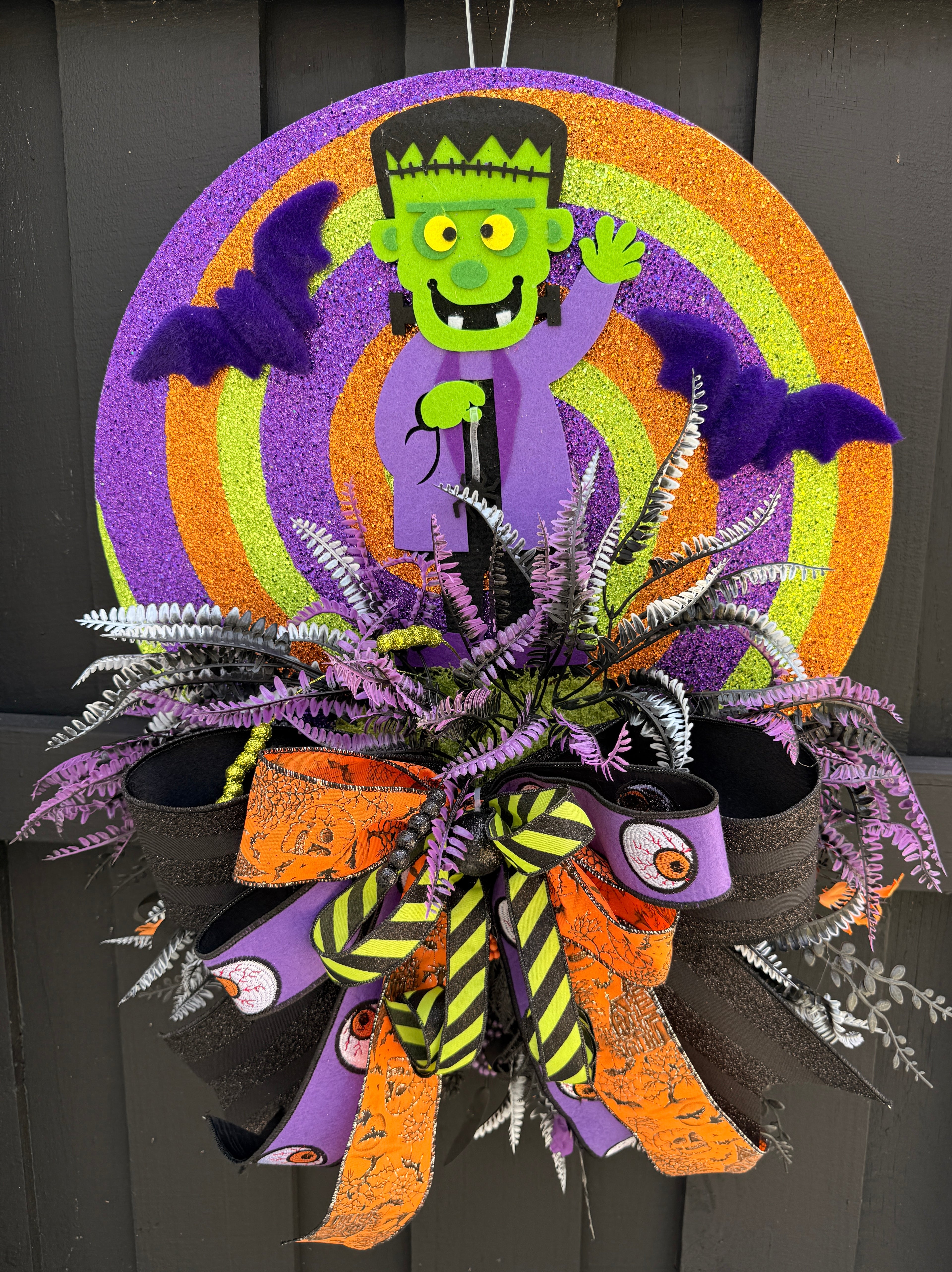 Cute Spooky Frankenstein Halloween Door Hanger – Glitter Swirl Halloween Decor