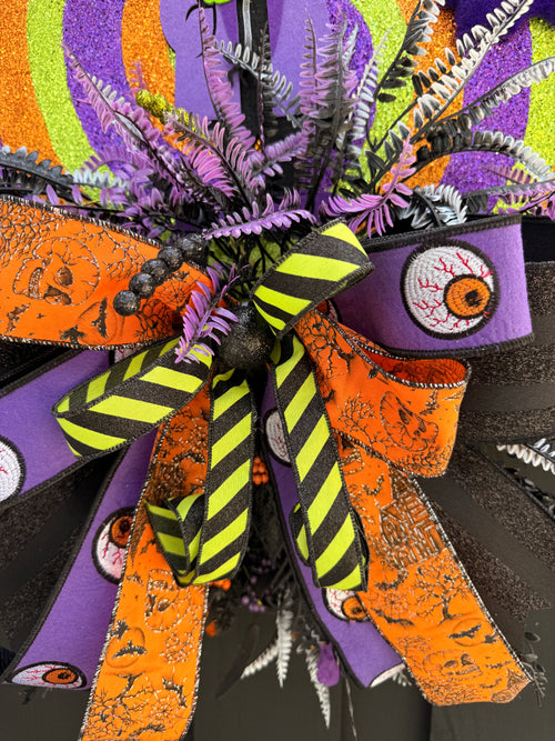Cute Spooky Frankenstein Halloween Door Hanger – Glitter Swirl Halloween Decor