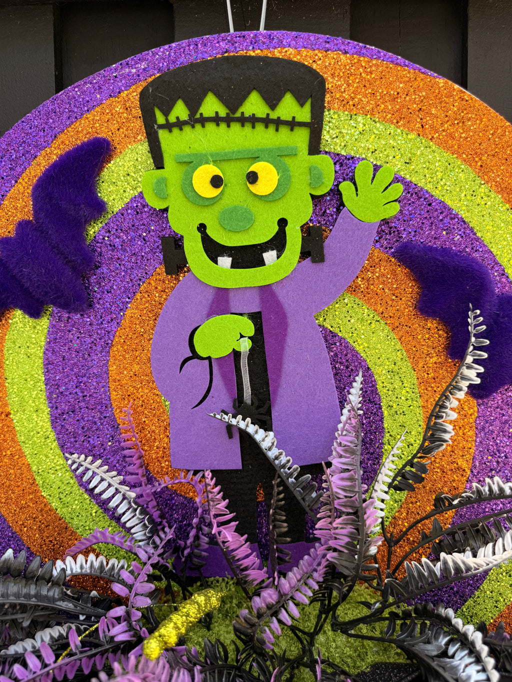 Cute Spooky Frankenstein Halloween Door Hanger – Glitter Swirl Halloween Decor