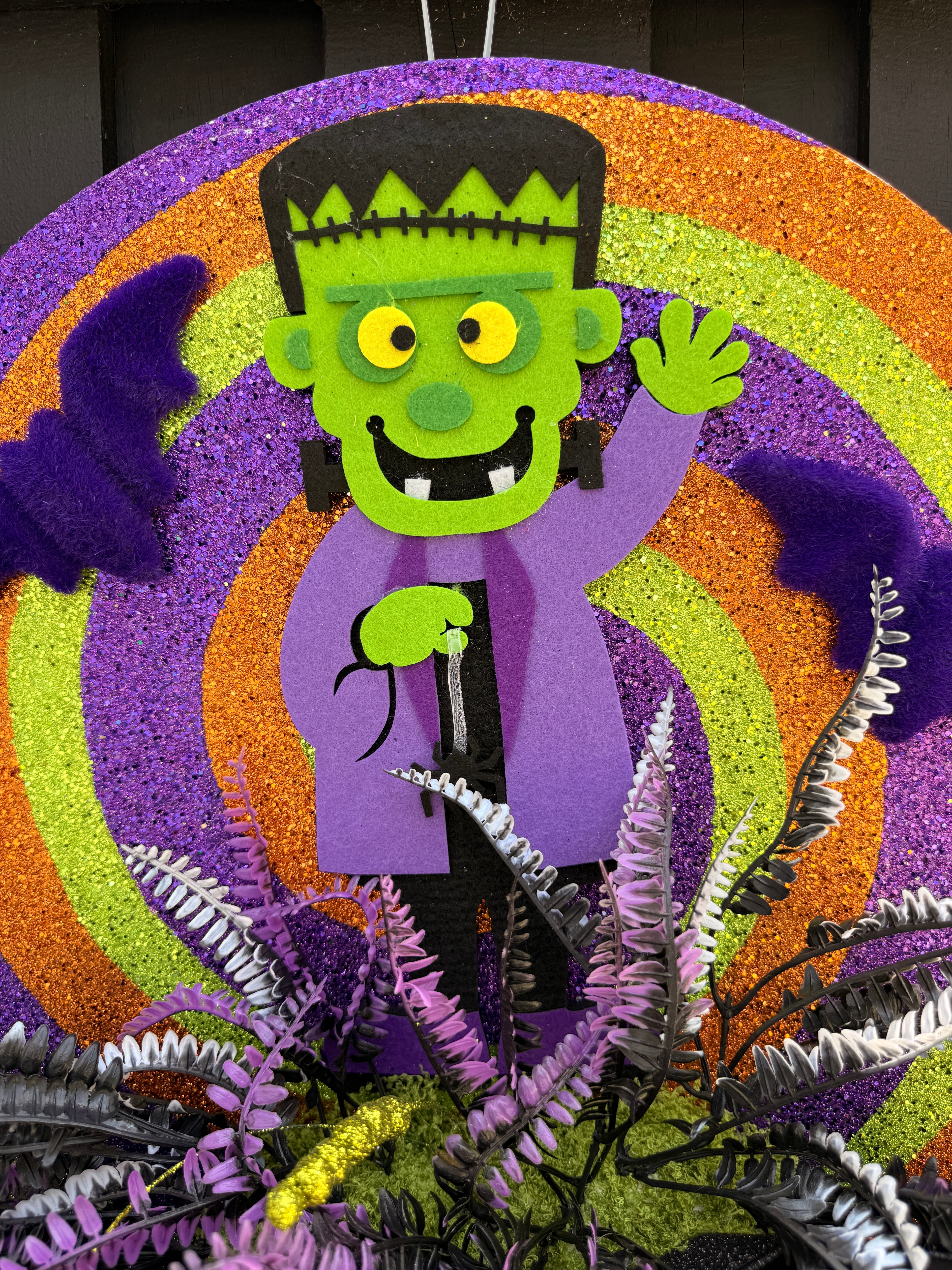 Cute Spooky Frankenstein Halloween Door Hanger – Glitter Swirl Halloween Decor