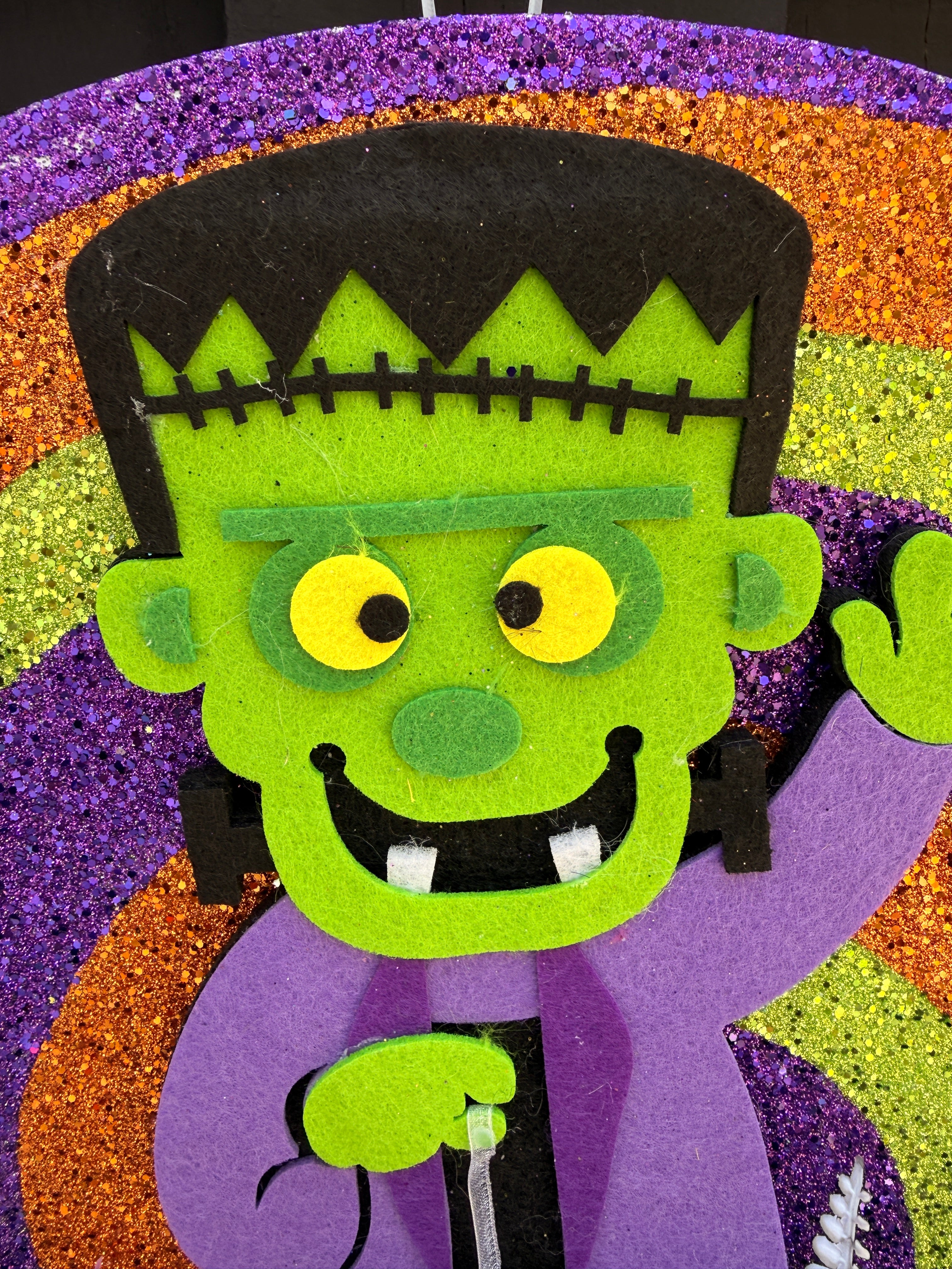 Cute Spooky Frankenstein Halloween Door Hanger – Glitter Swirl Halloween Decor