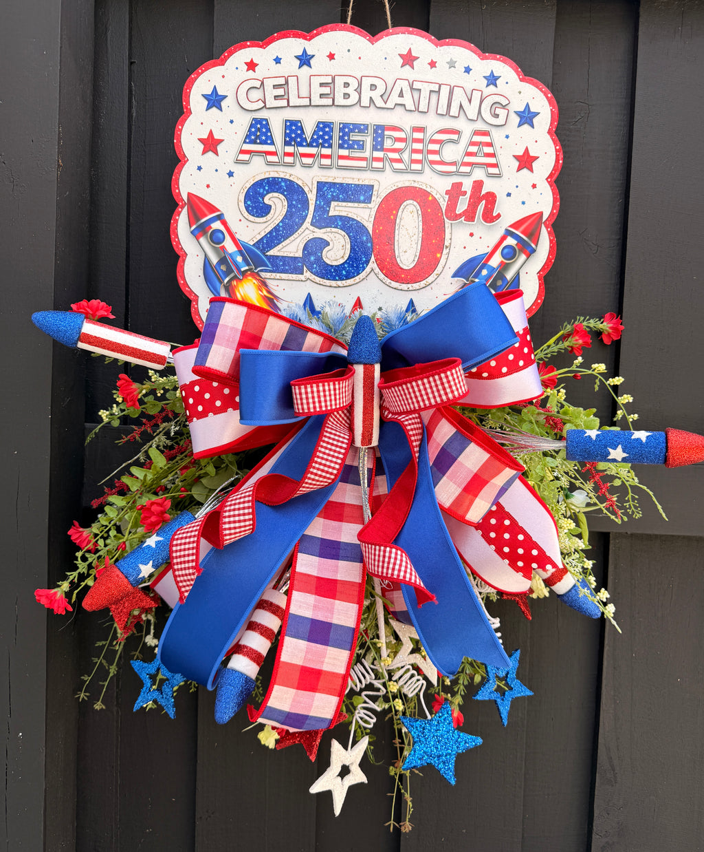 Celebrating America 250th Patriotic Wreath Door Hanger – Red White & Blue Firework Decor