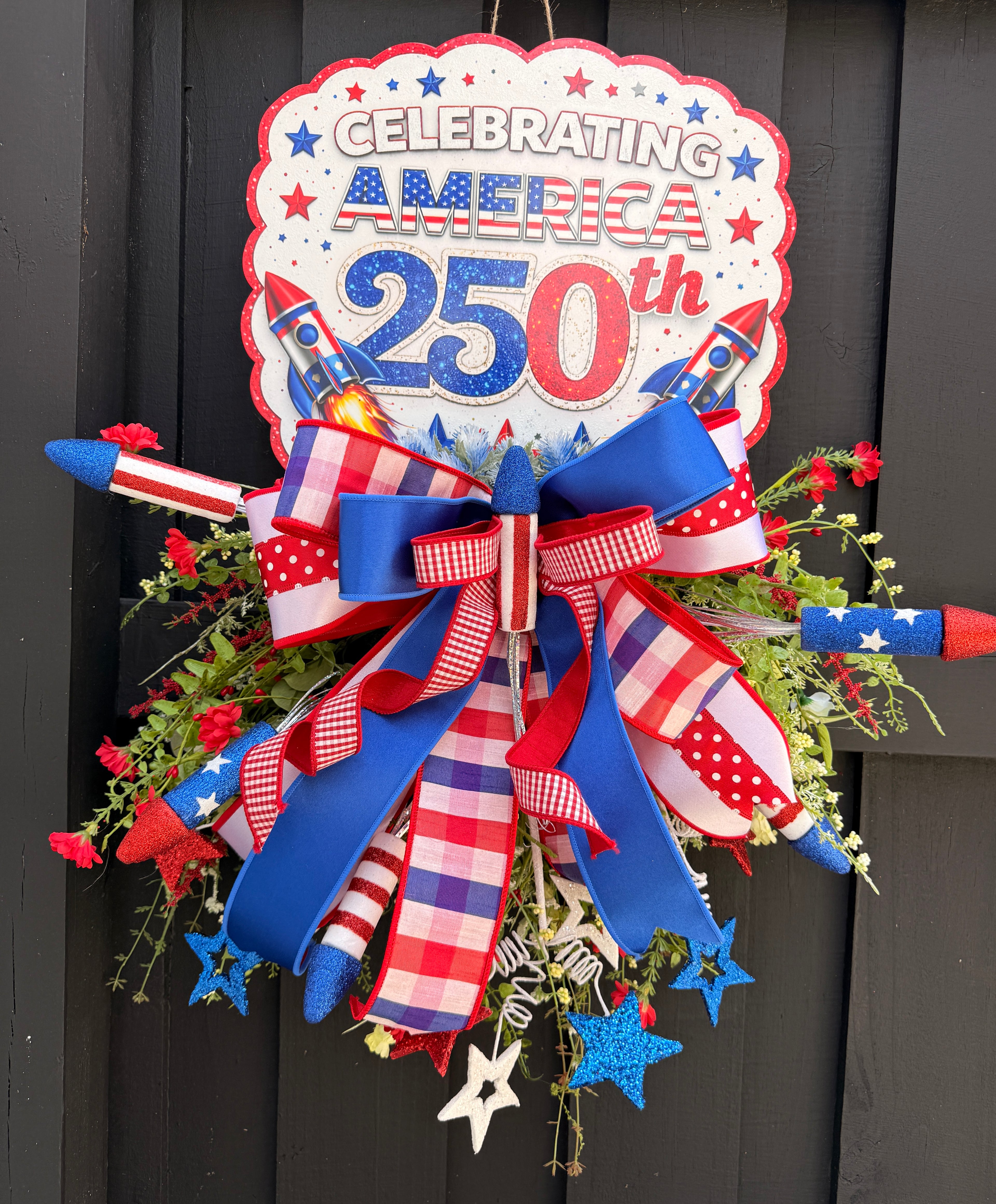 Celebrating America 250th Patriotic Wreath Door Hanger – Red White & Blue Firework Decor