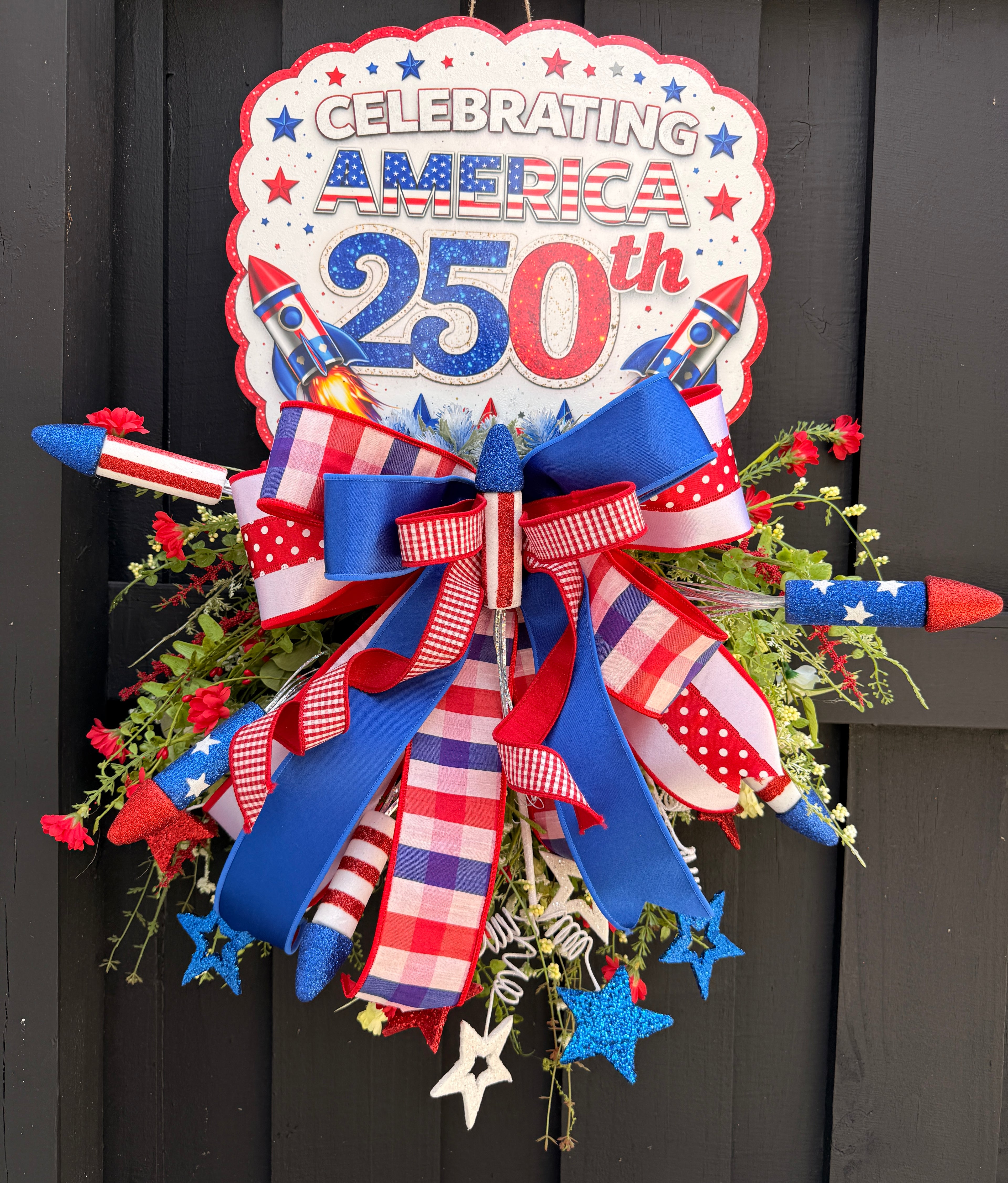 Celebrating America 250th Patriotic Wreath Door Hanger – Red White & Blue Firework Decor