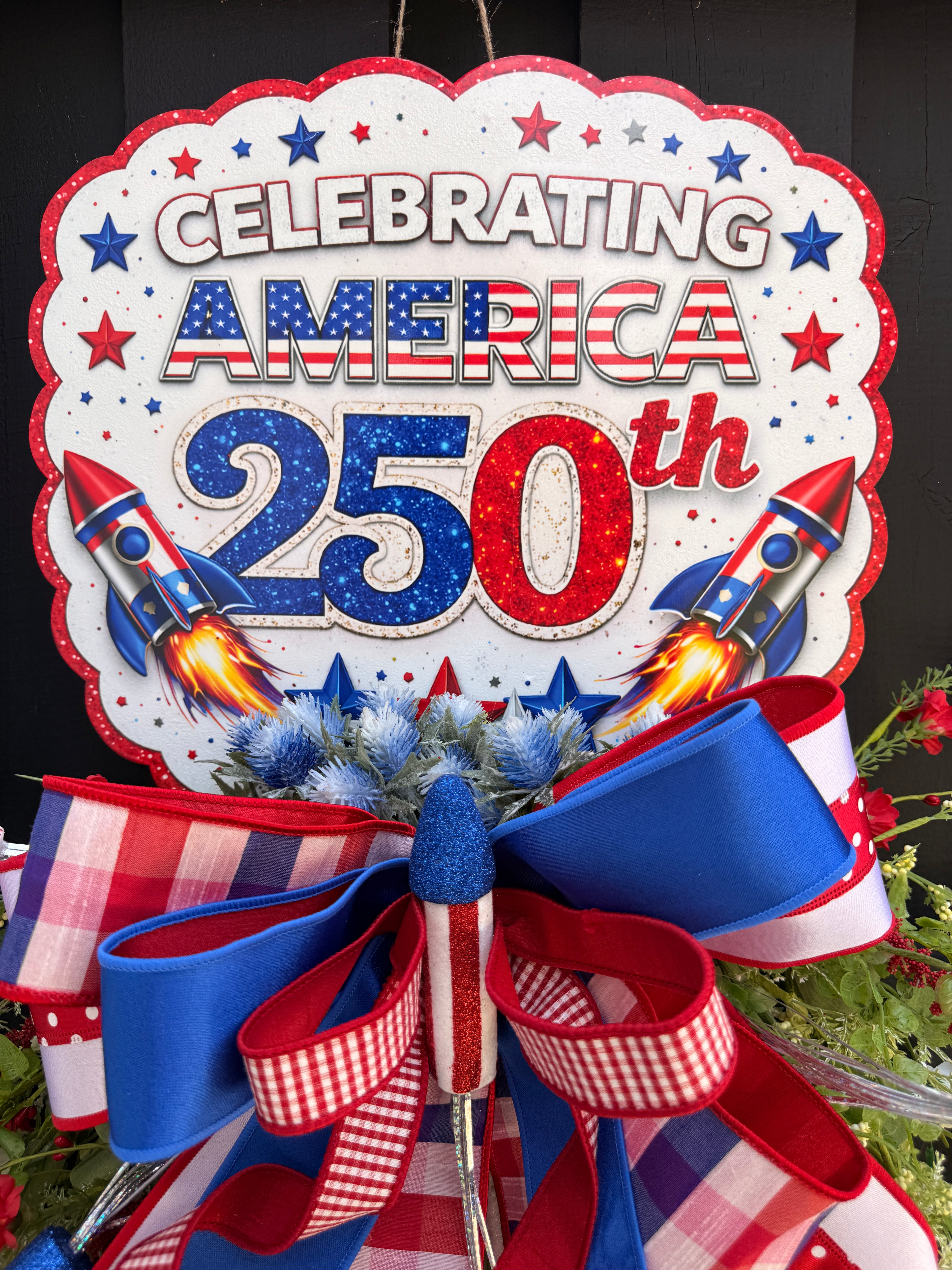 Celebrating America 250th Patriotic Wreath Door Hanger – Red White & Blue Firework Decor