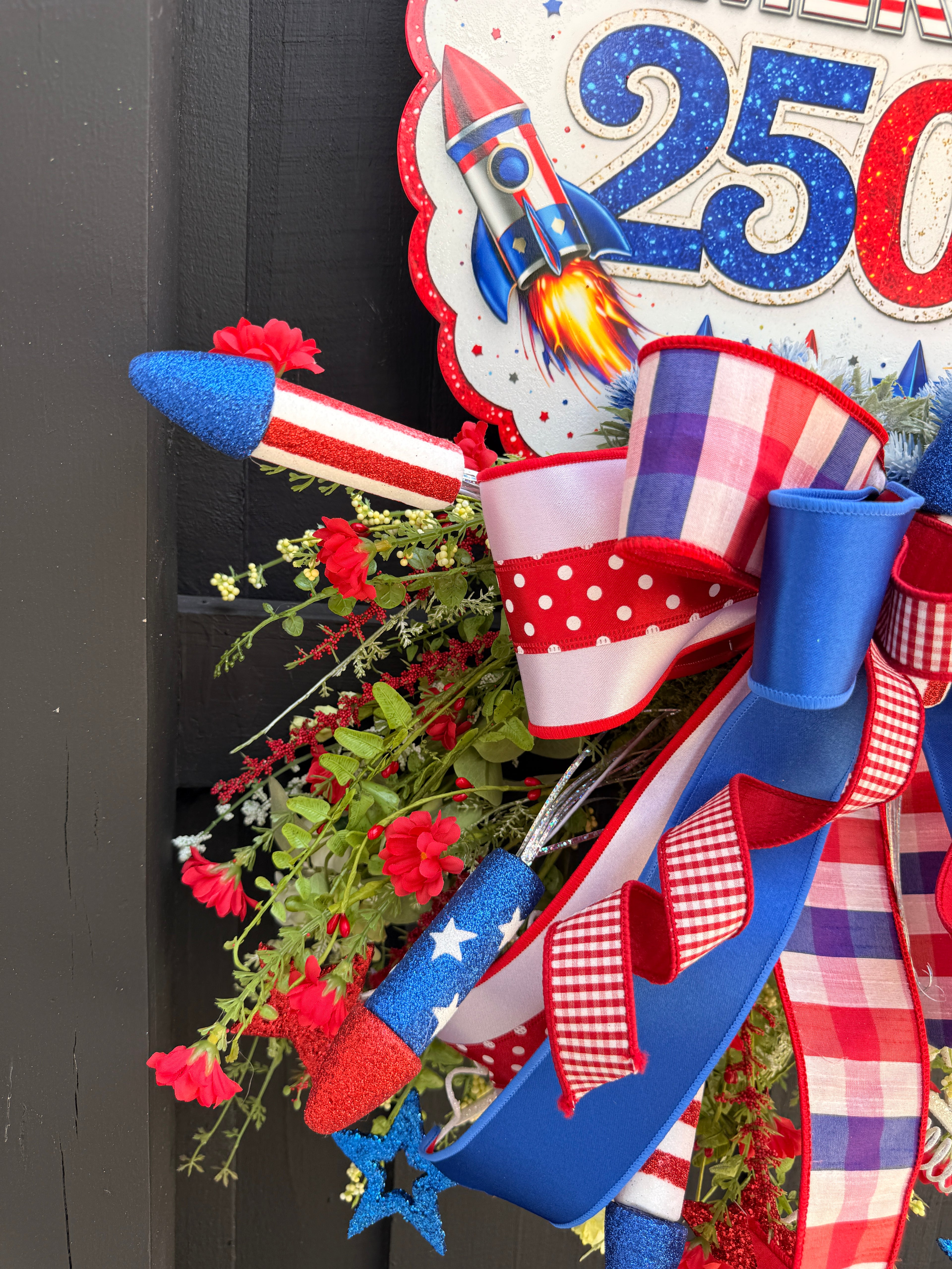 Celebrating America 250th Patriotic Wreath Door Hanger – Red White & Blue Firework Decor