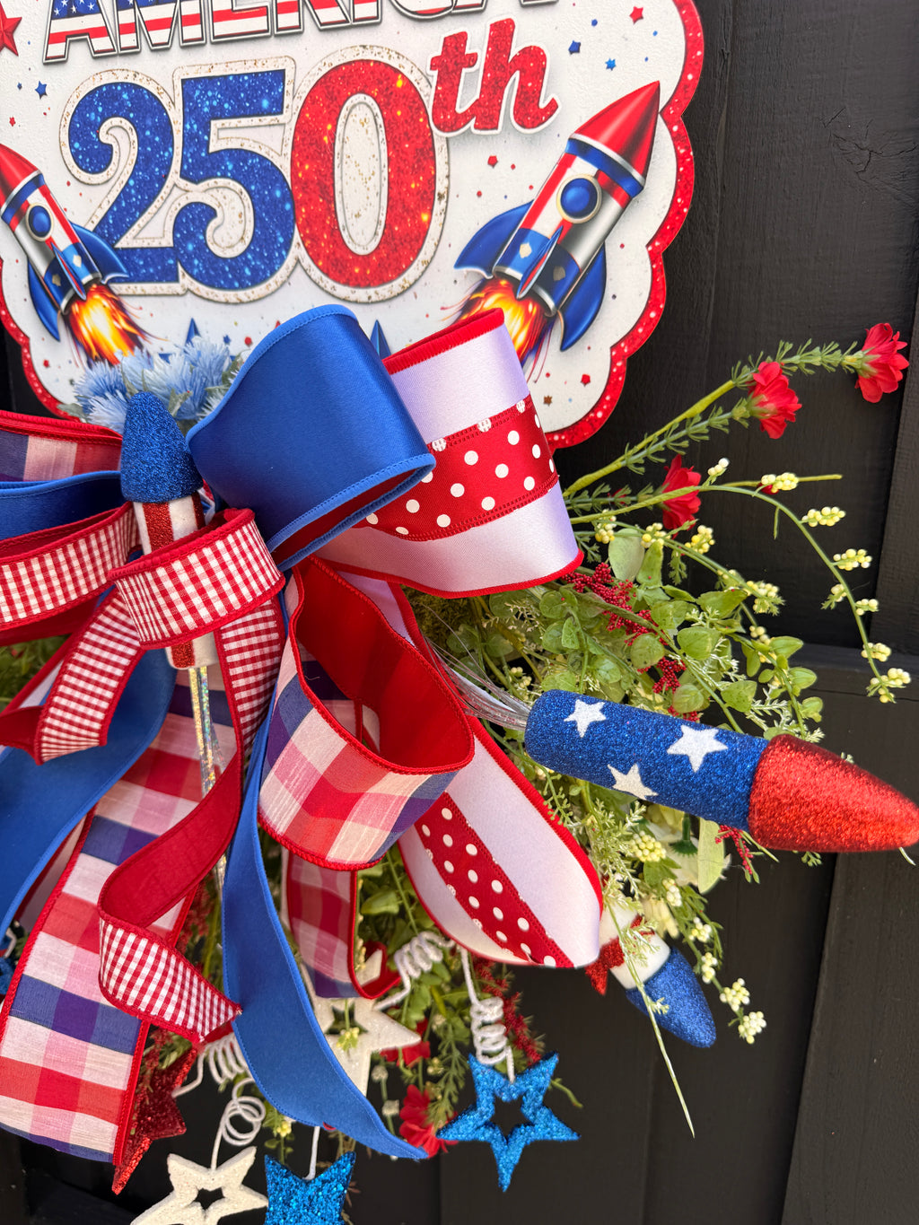 Celebrating America 250th Patriotic Wreath Door Hanger – Red White & Blue Firework Decor