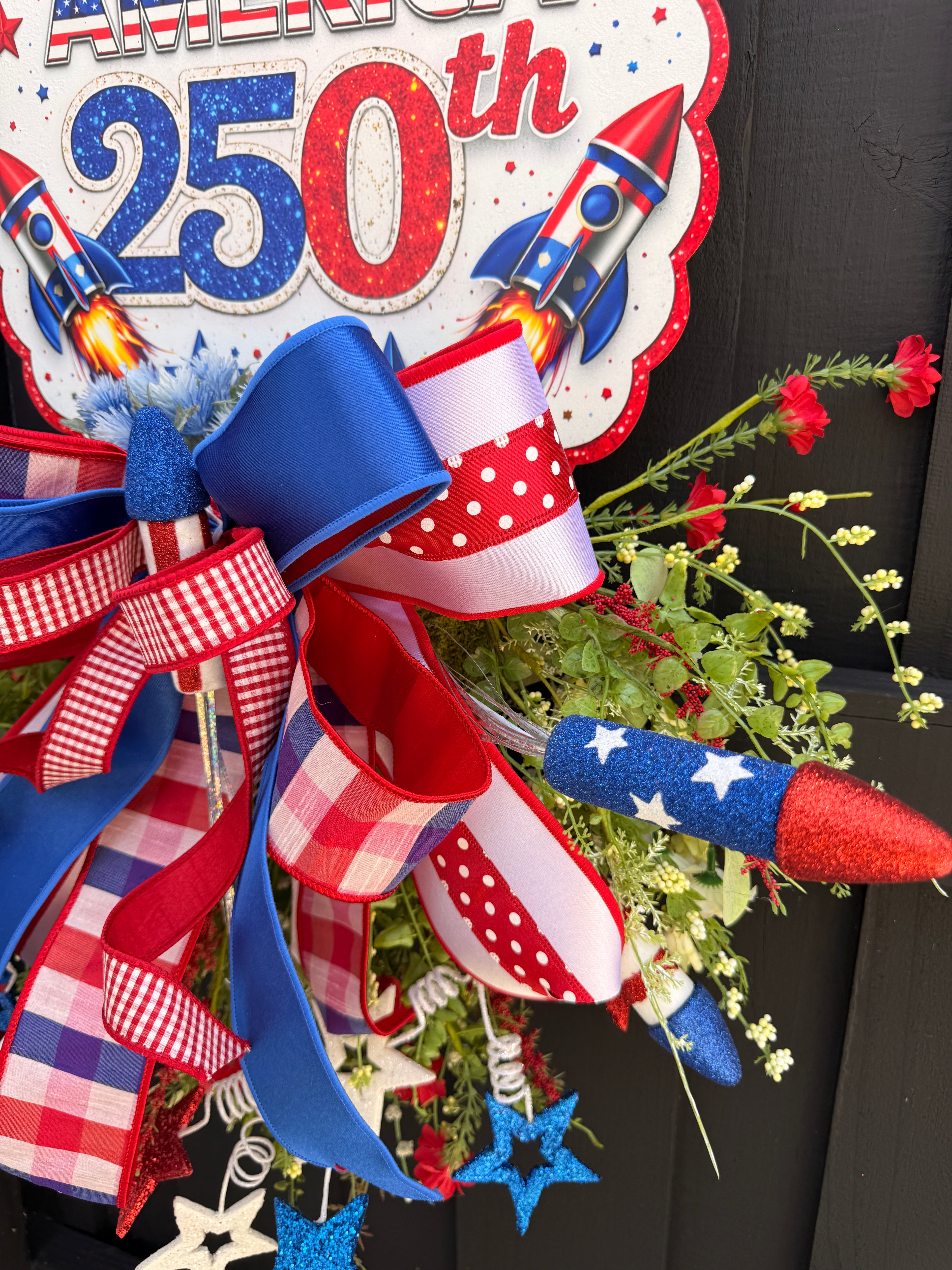 Celebrating America 250th Patriotic Wreath Door Hanger – Red White & Blue Firework Decor